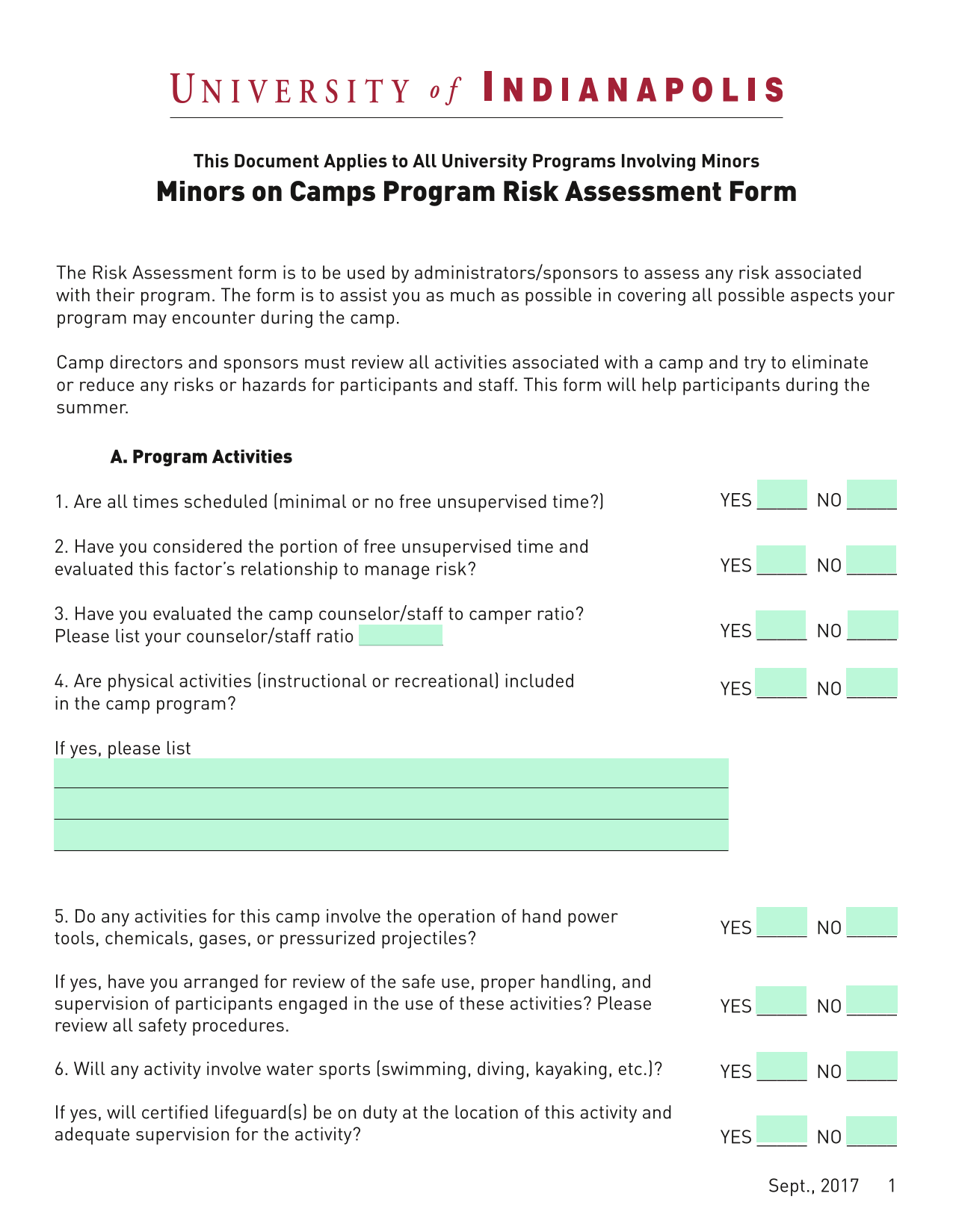 Minors On Camps Program Risk Assessment Form screenshot
