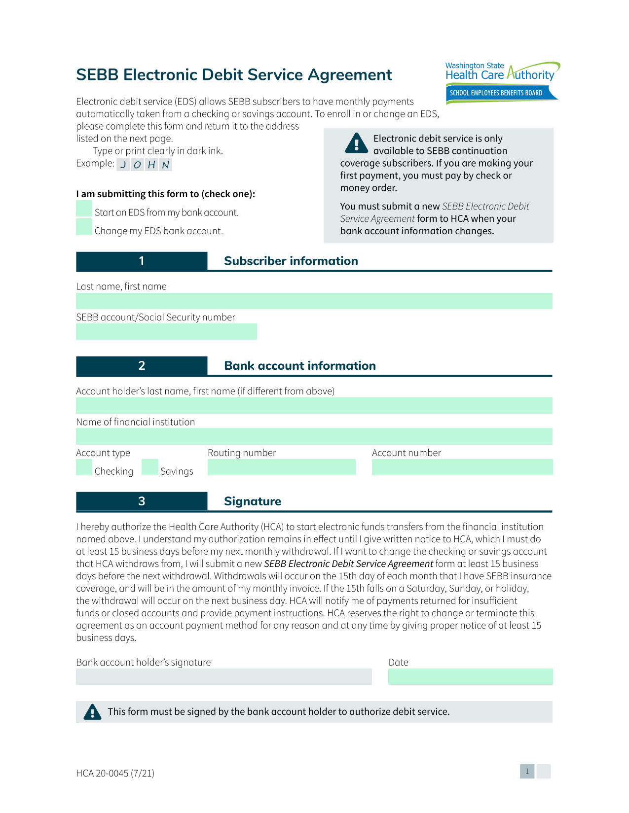 SEBB Electronic Debit Service Agreement screenshot