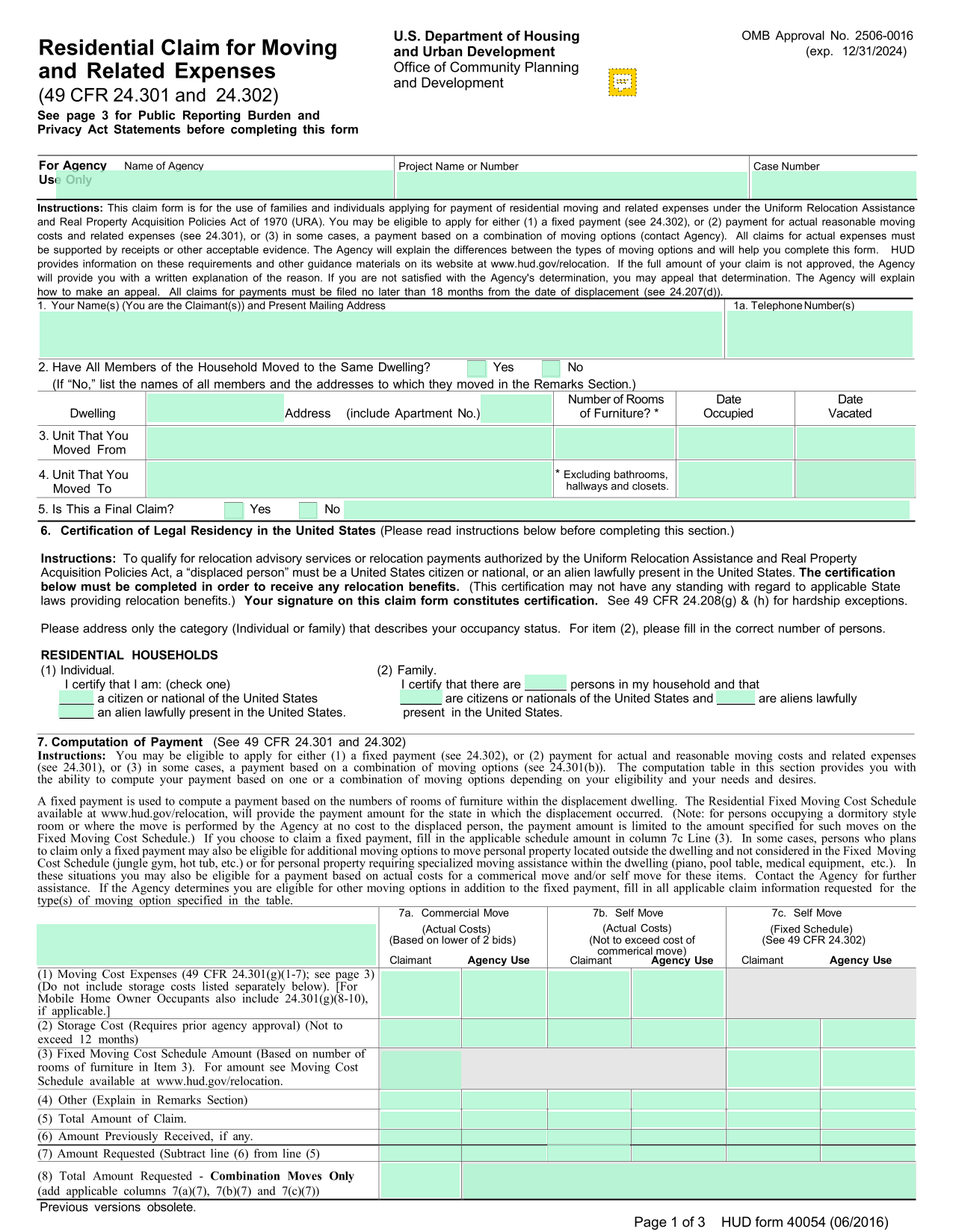 Residential Claim For Moving And Related Expenses screenshot