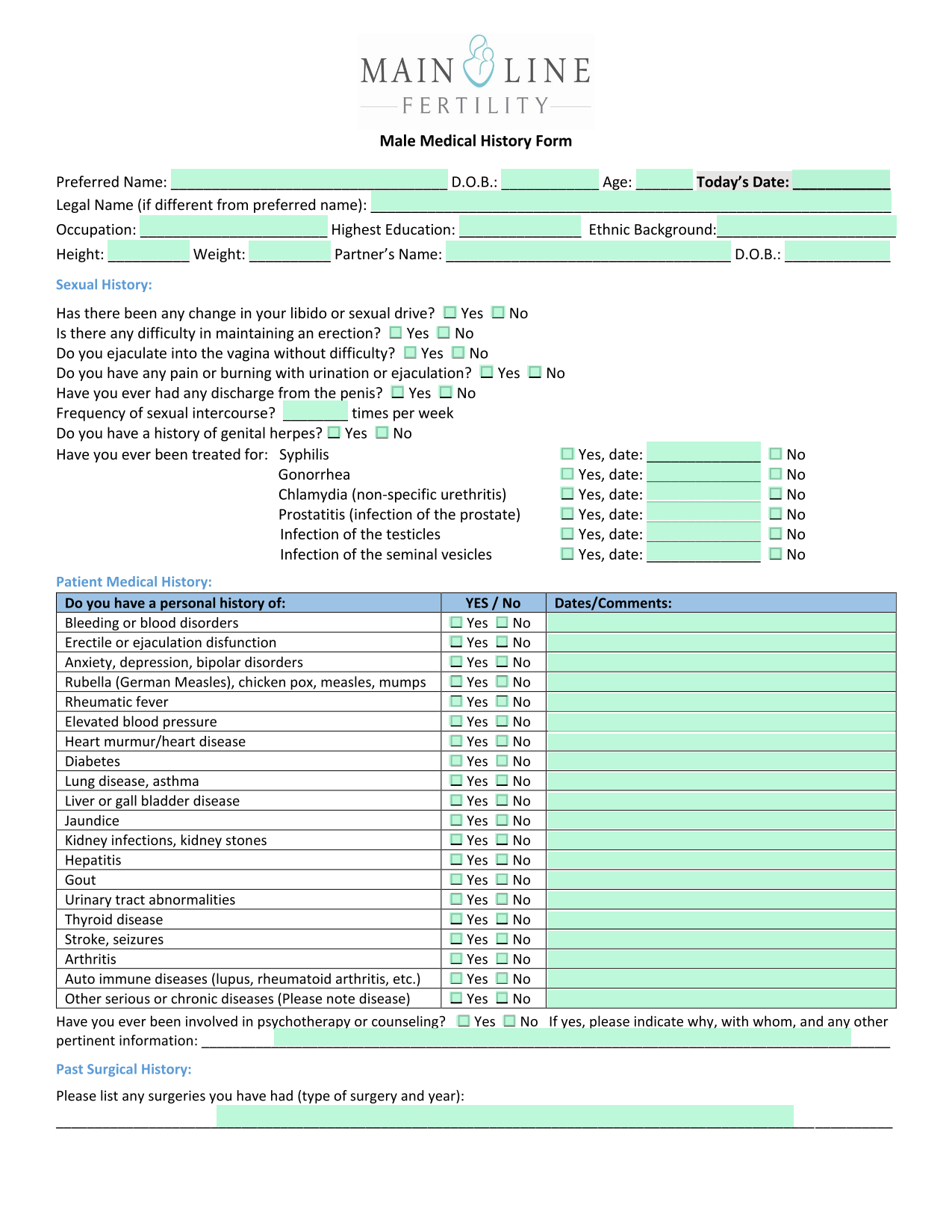 Male Medical History Form screenshot