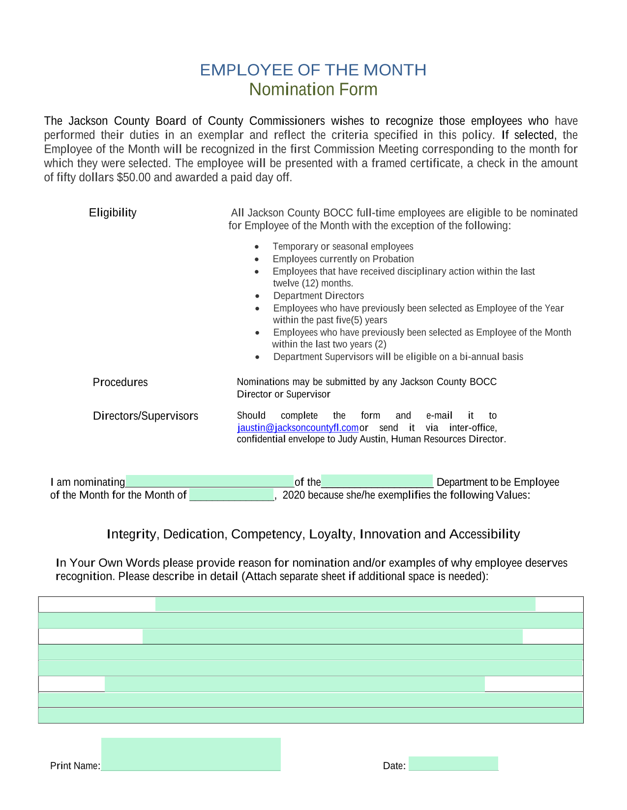 Employee Of The Month Nomination Form screenshot