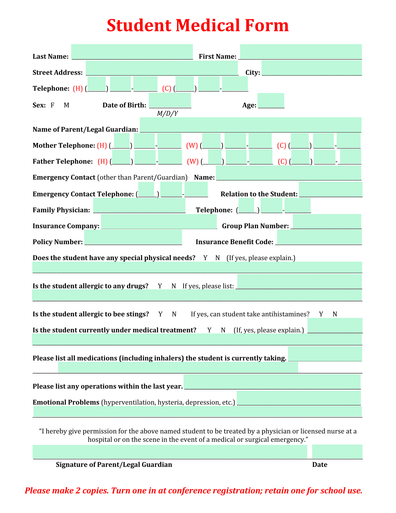 Student Medical Form screenshot