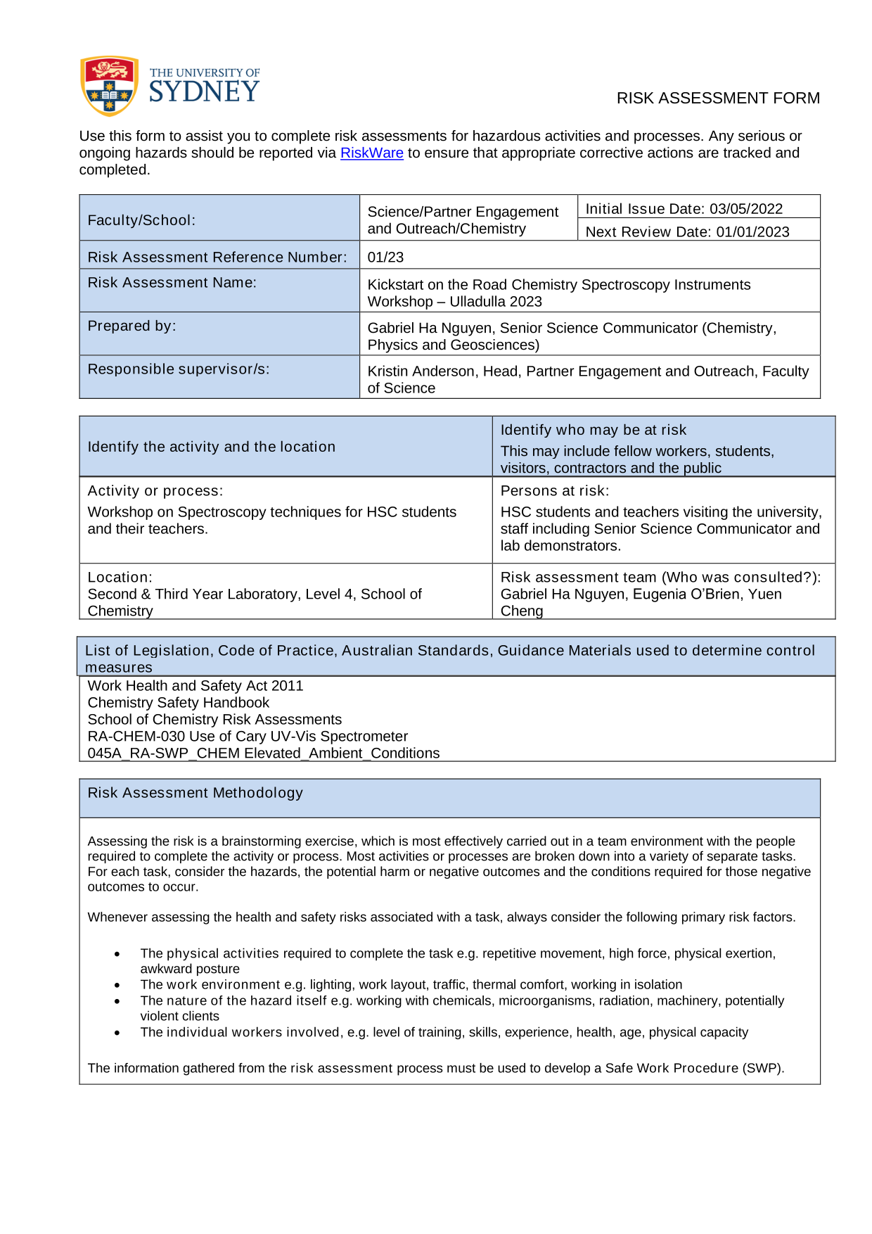 Risk Assessment Form screenshot