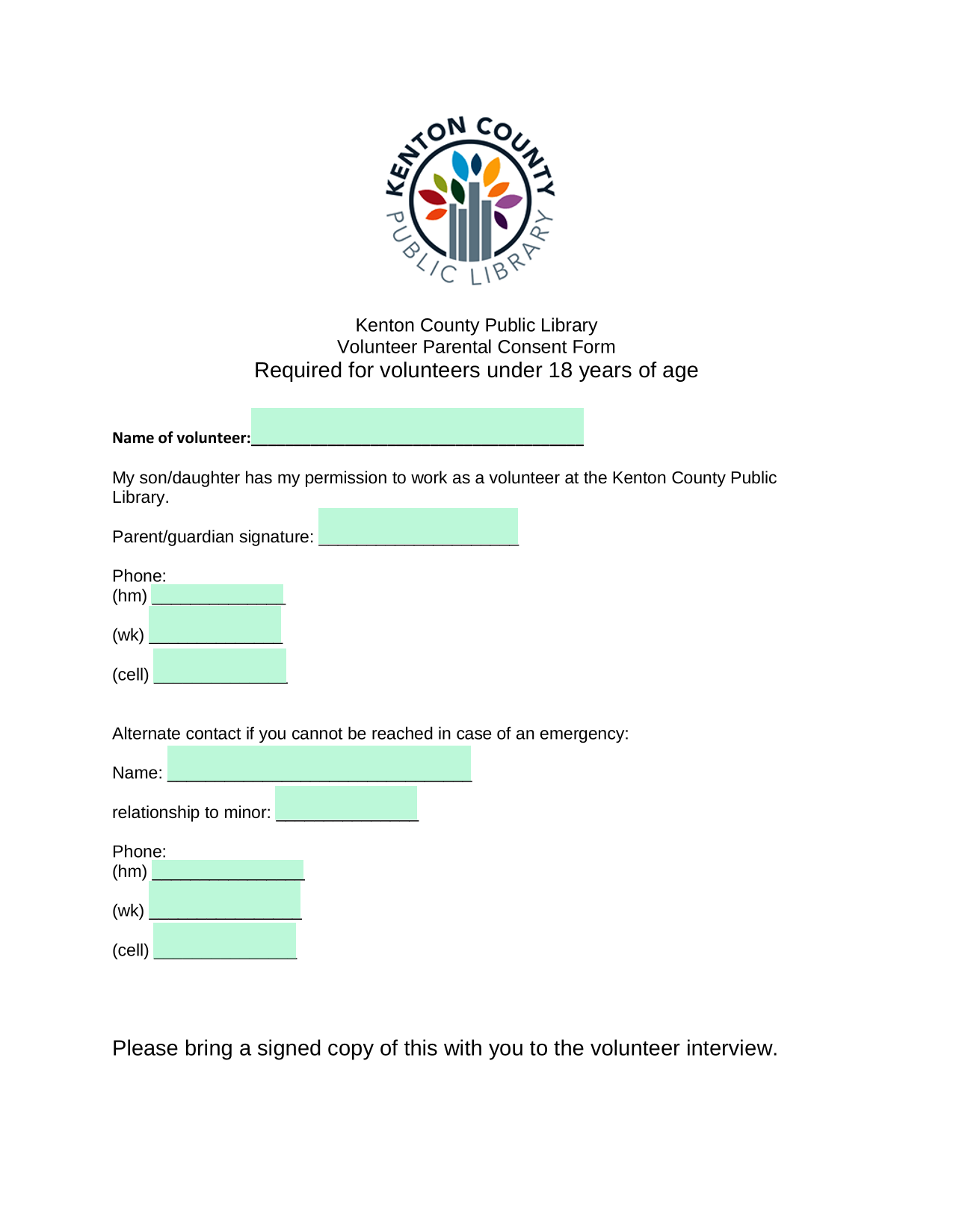 Volunteer Parental Consent Form screenshot