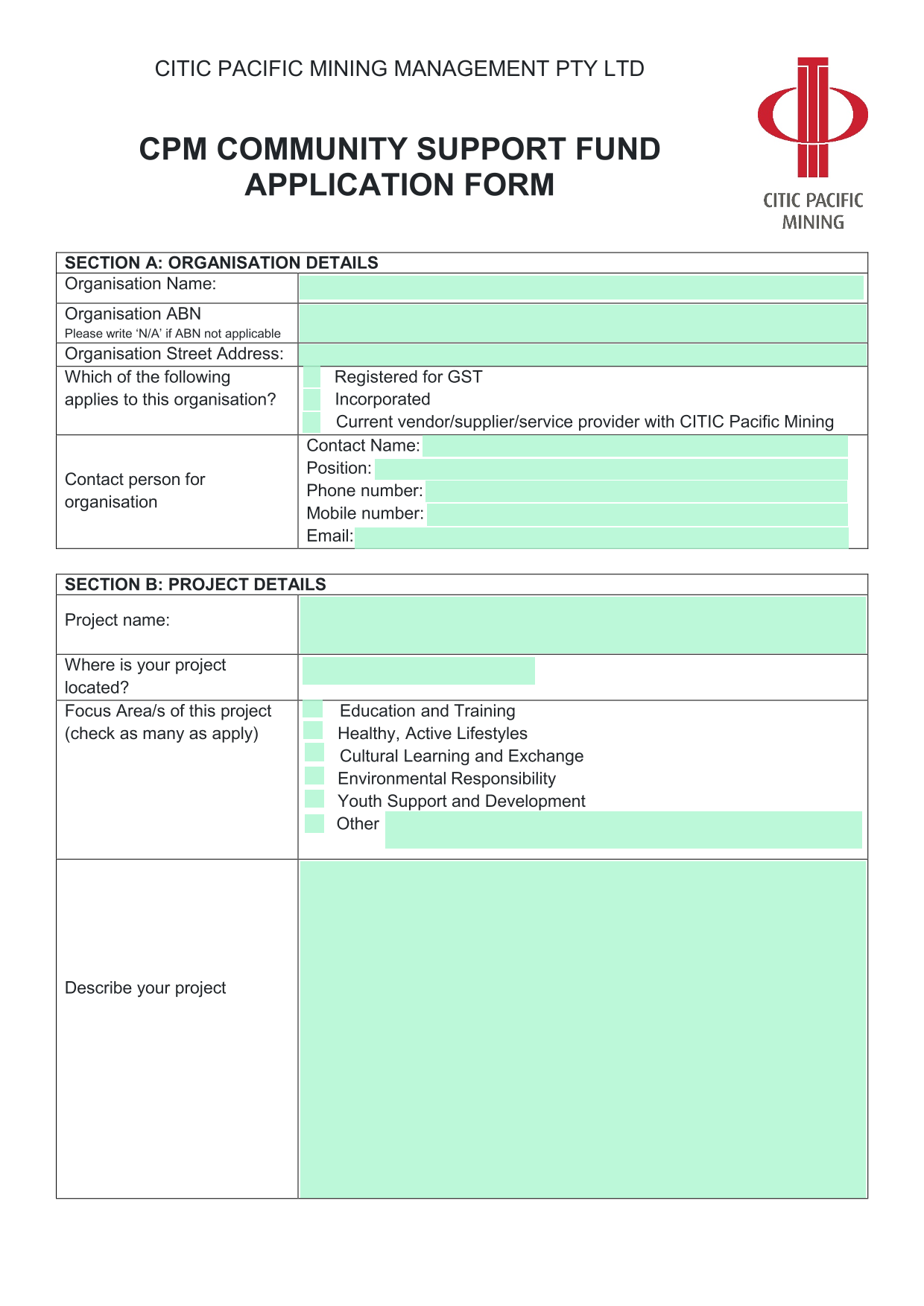 CPM Community Support Fund Application Form screenshot