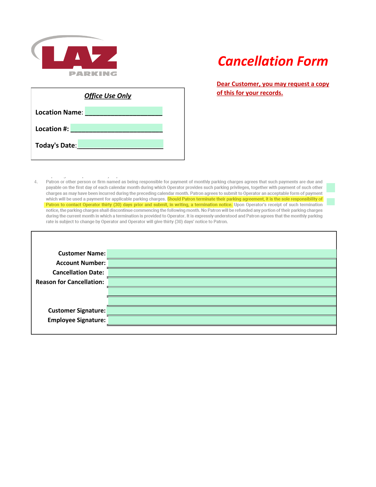 Cancellation Form screenshot
