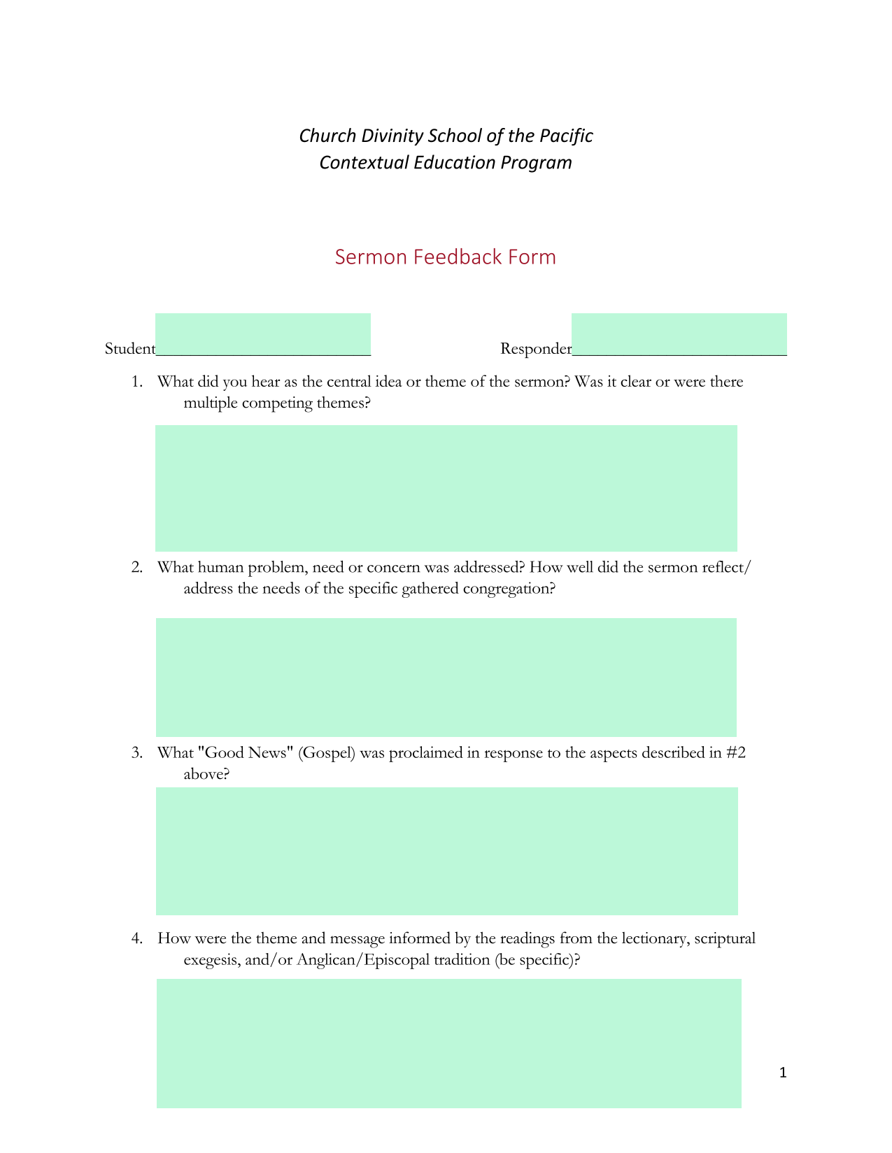 Sermon Feedback Form screenshot