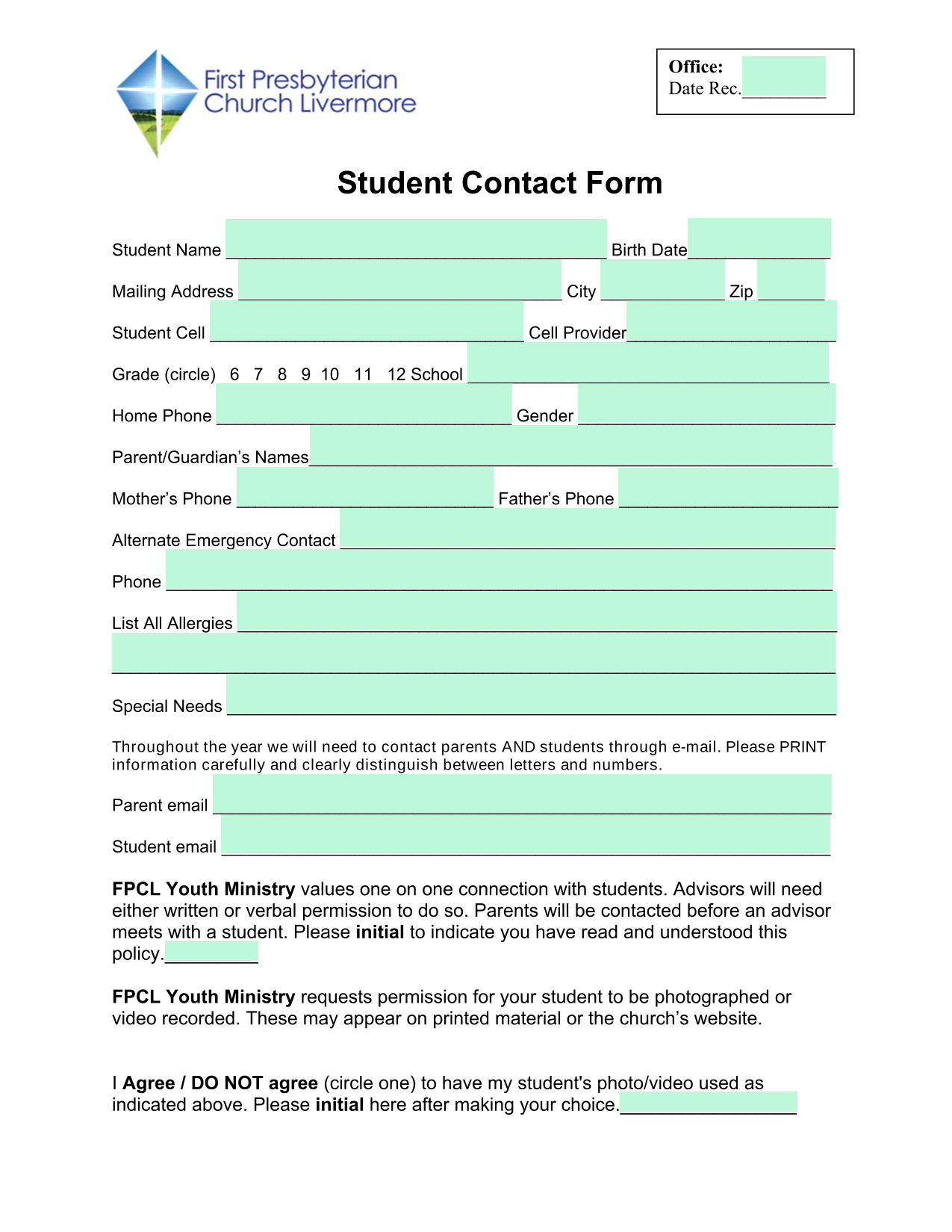 Student Contact Form screenshot