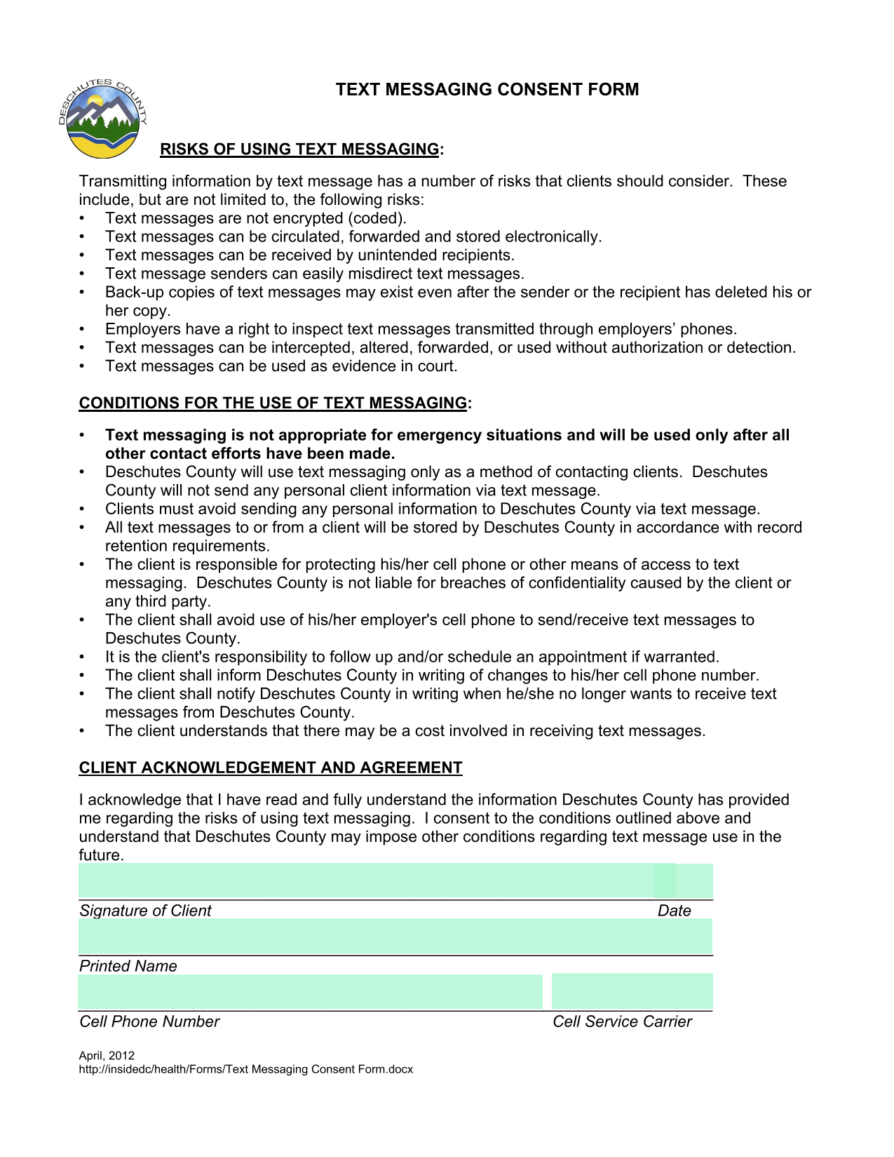 Text Messaging Consent Form screenshot