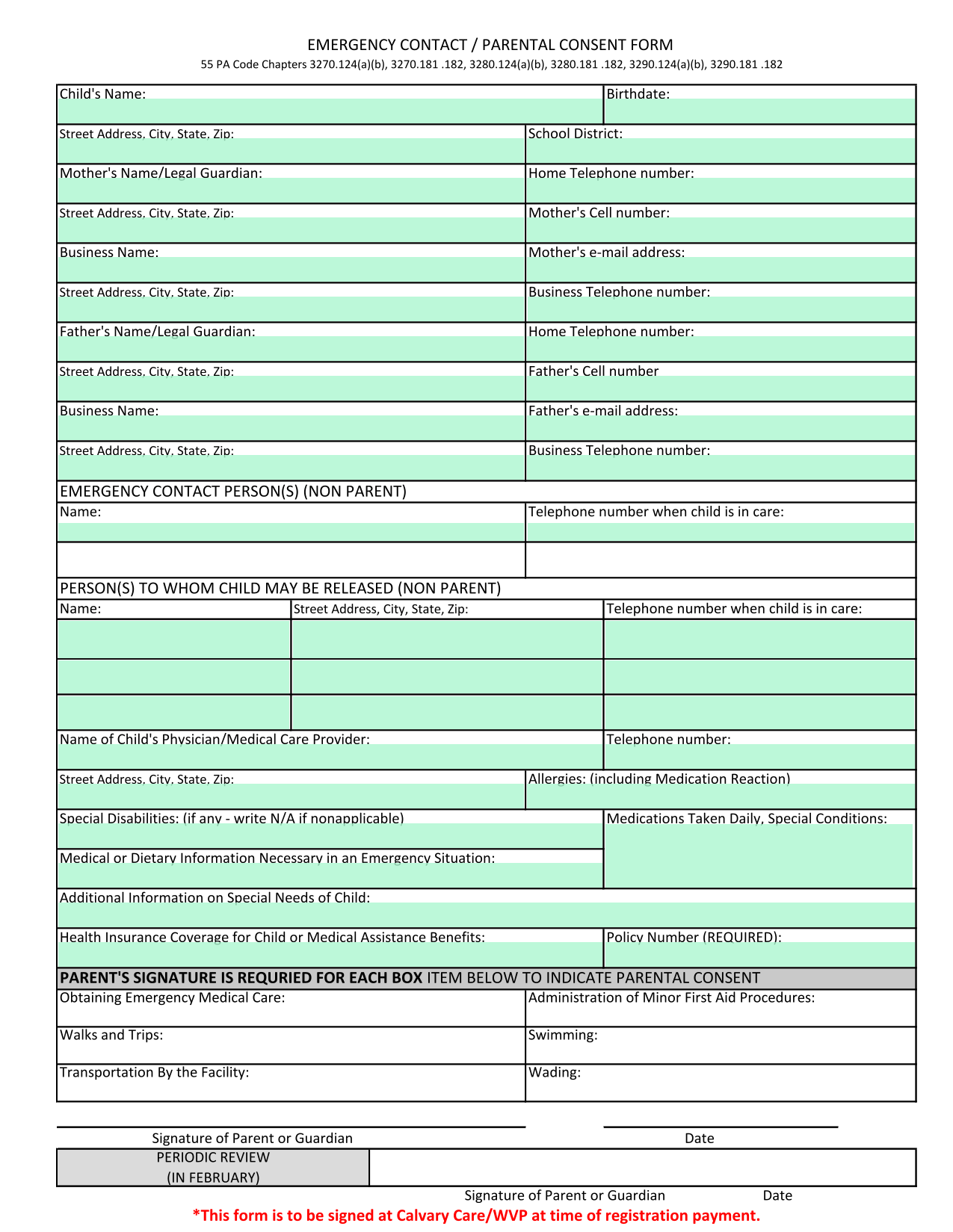 EMERGENCY CONTACT  PARENTAL CONSENT FORM screenshot