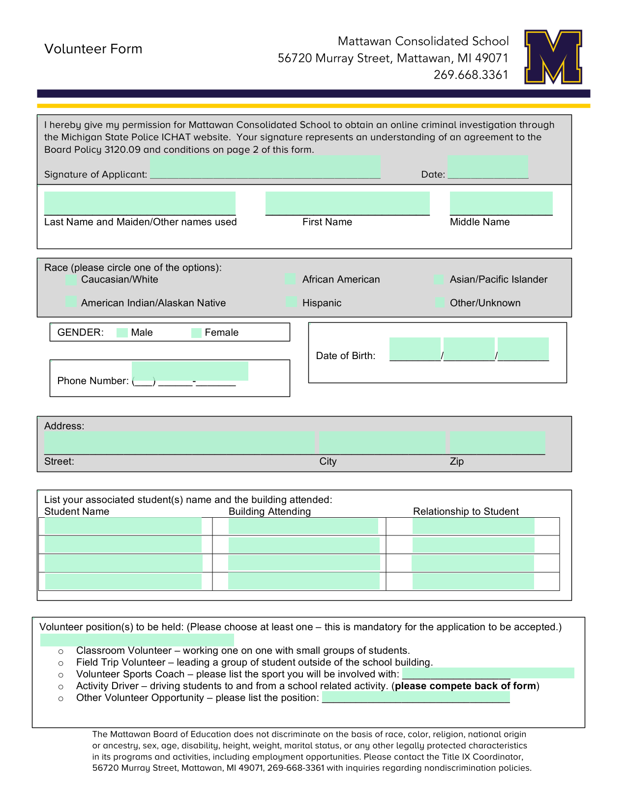 Volunteer Form screenshot