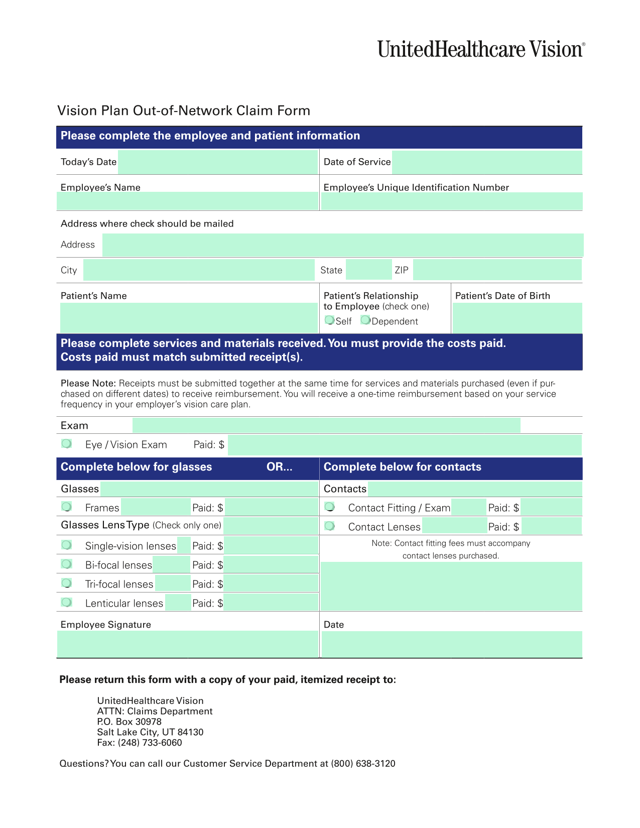 Vision Plan Out Of Network Claim Form screenshot