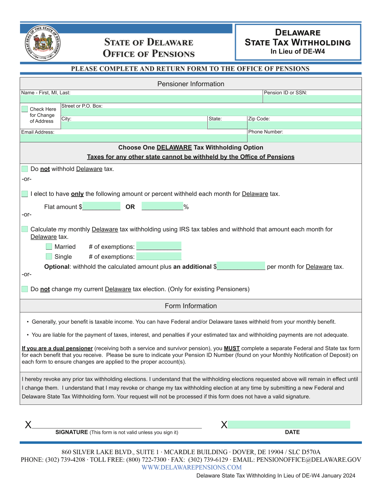 Delaware State Tax Withholding Form screenshot