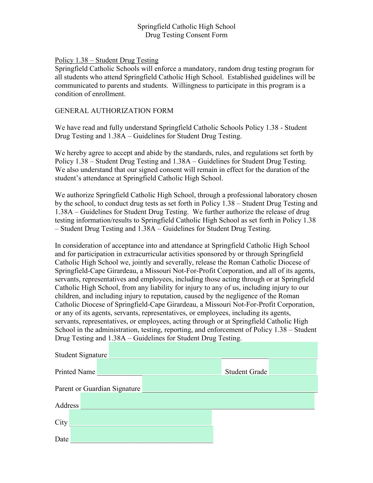 Drug Testing Consent Form screenshot
