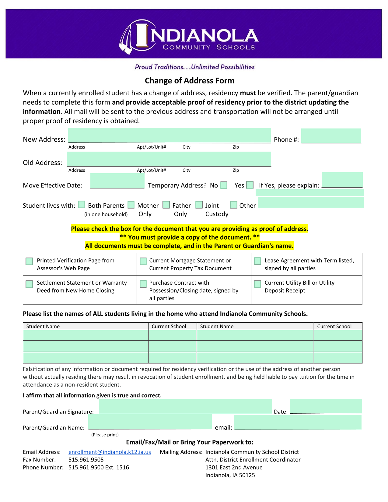 Change Of Address Form screenshot