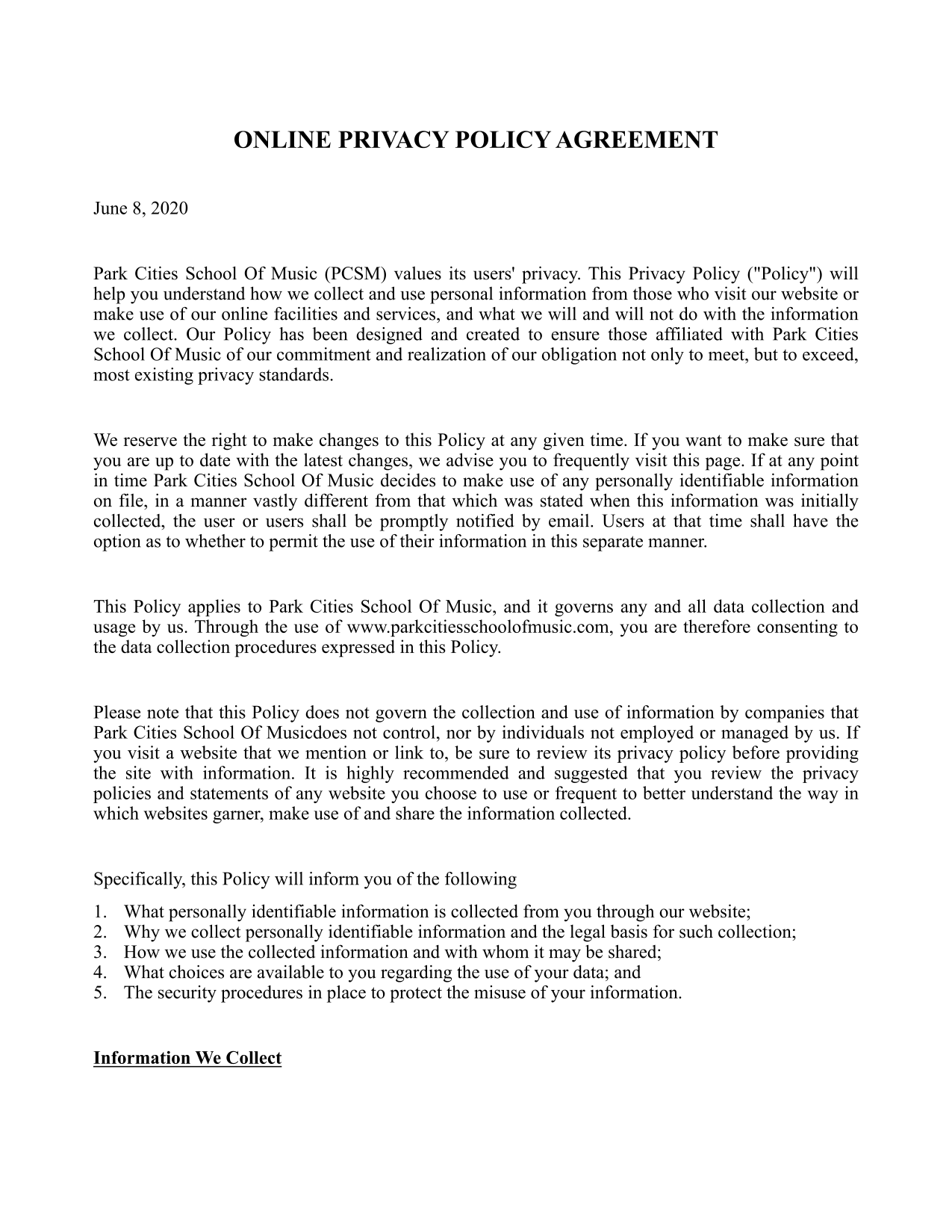 Online Privacy Policy Agreement screenshot