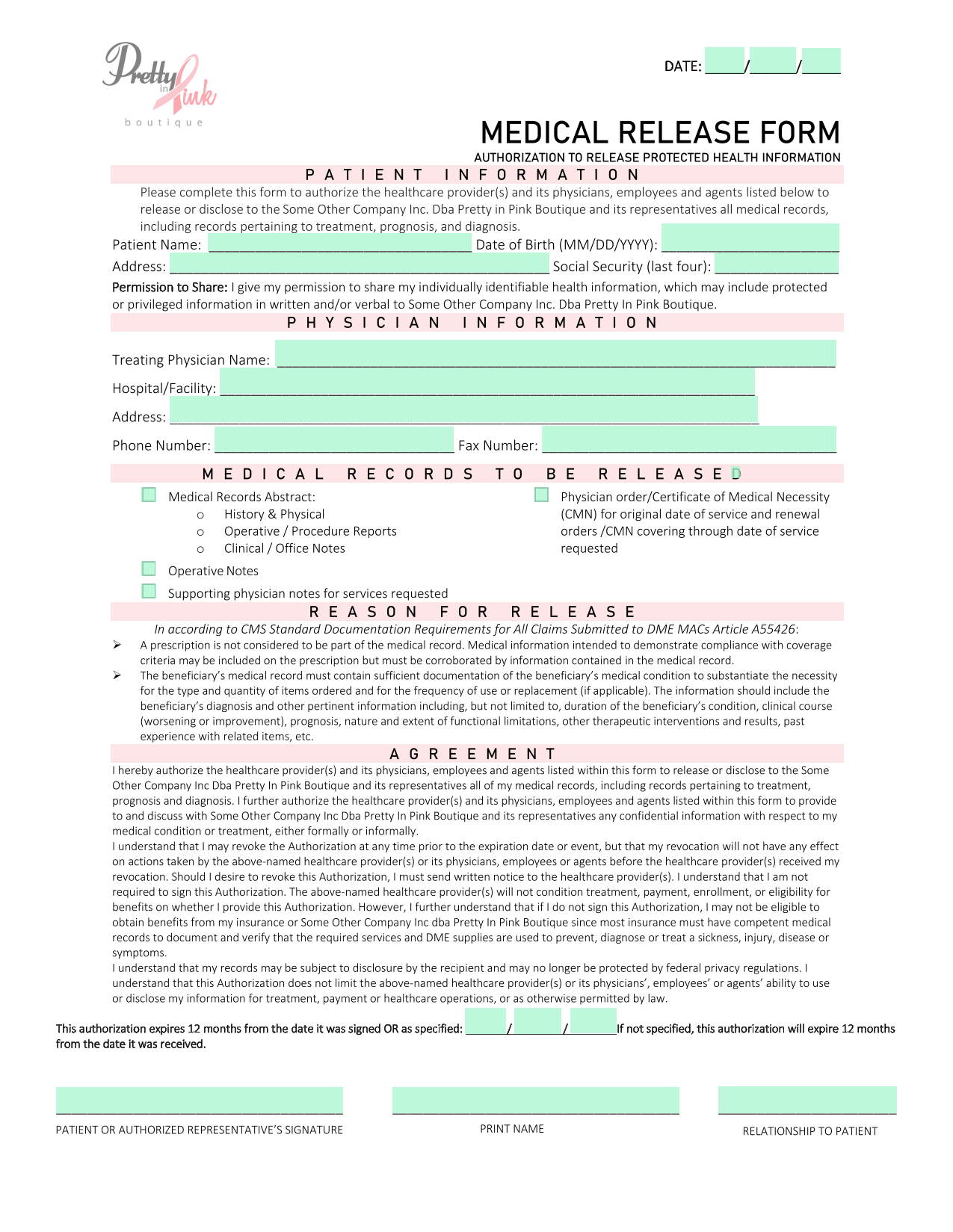 Medical Release Form screenshot