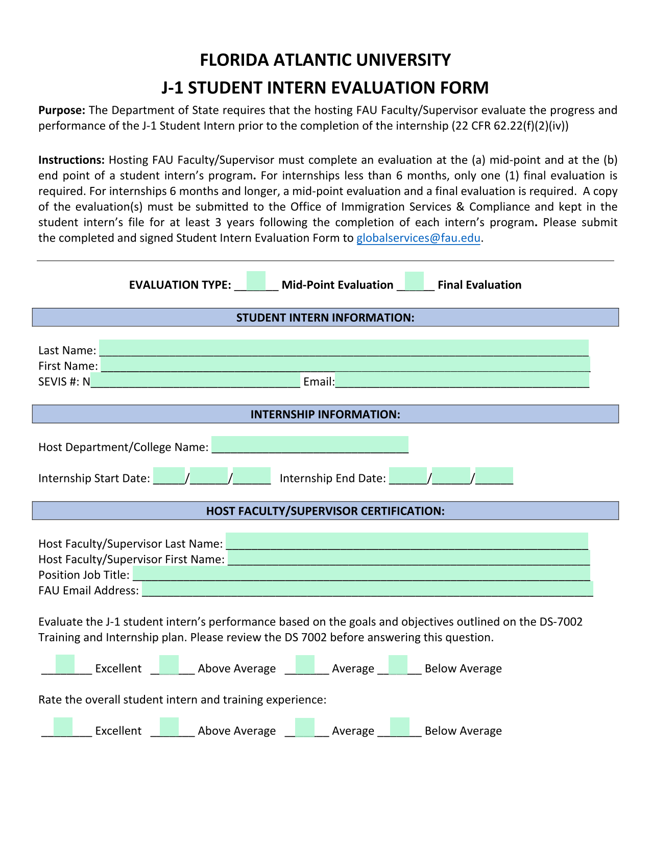 J 1 Student Intern Evaluation Form screenshot