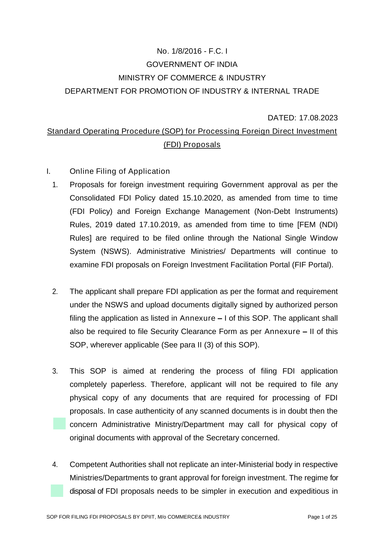Standard Operating Procedure (SOP) For Processing Foreign Direct Investment (FDI) Proposals screenshot
