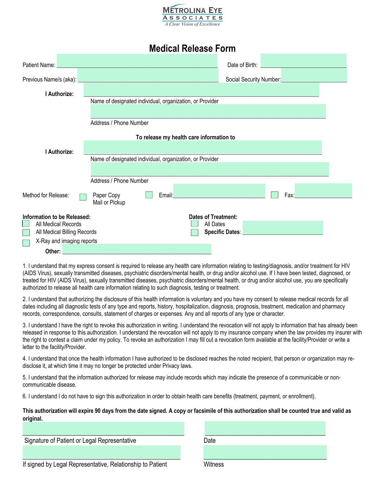 Medical Release Form screenshot