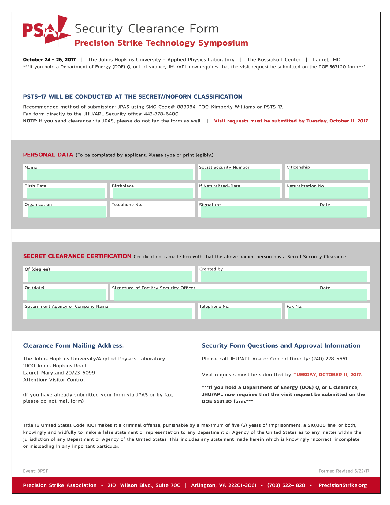 Security Clearance Form screenshot