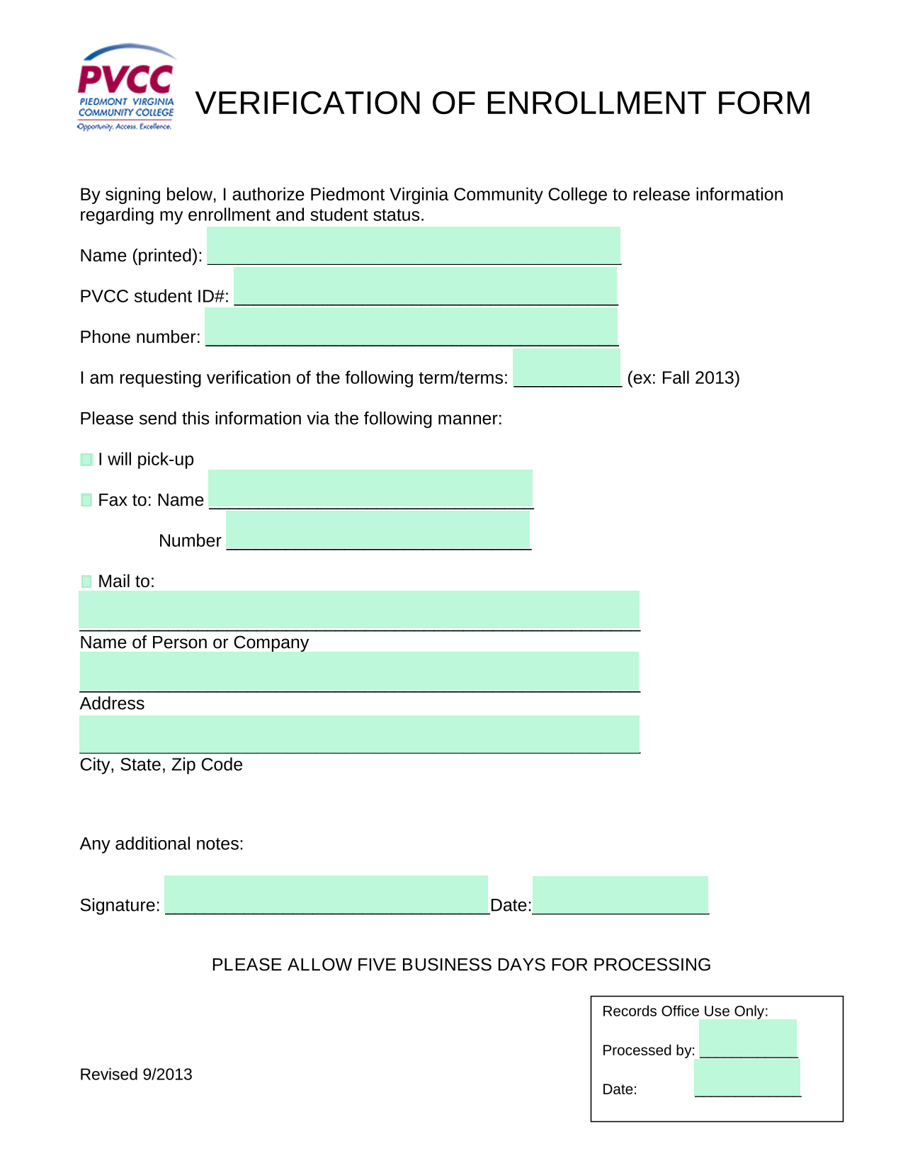 Verification Of Enrollment Form screenshot