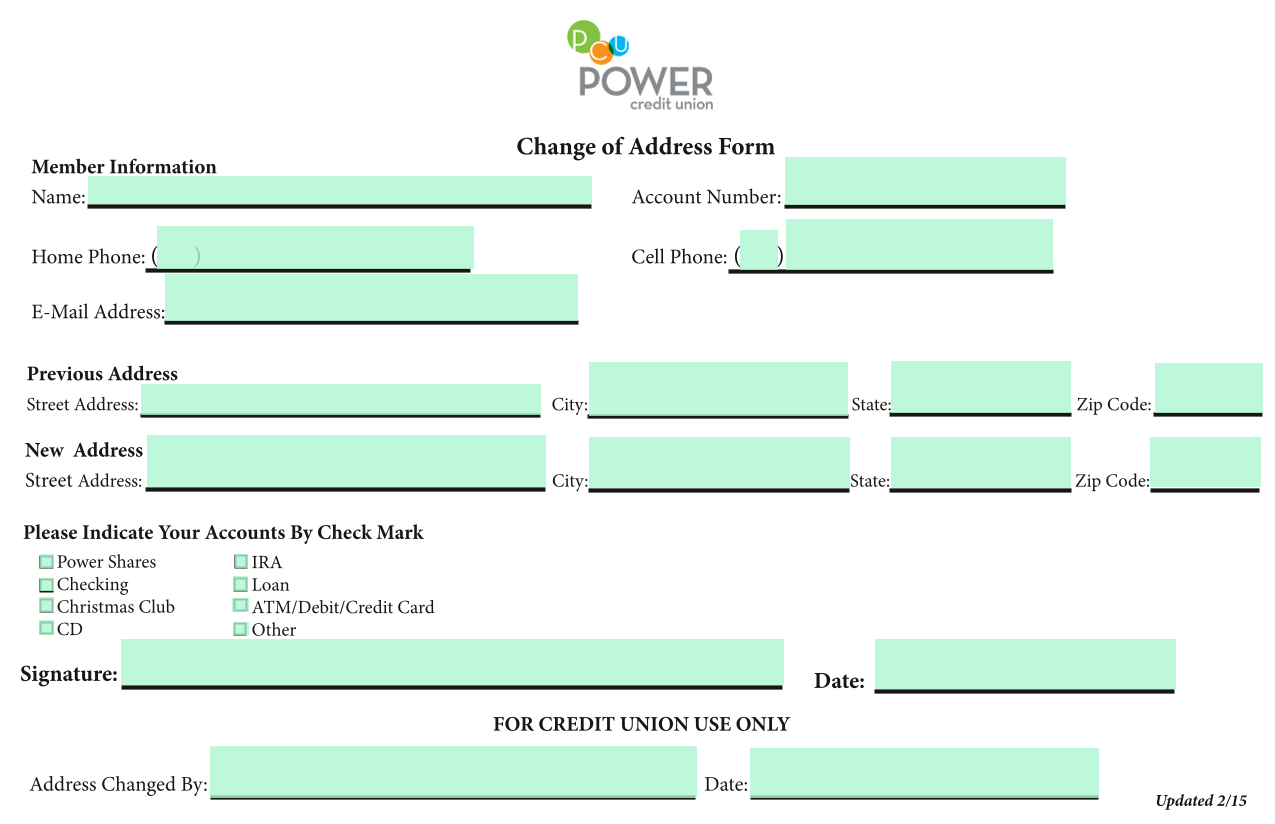 Change Of Address Form screenshot