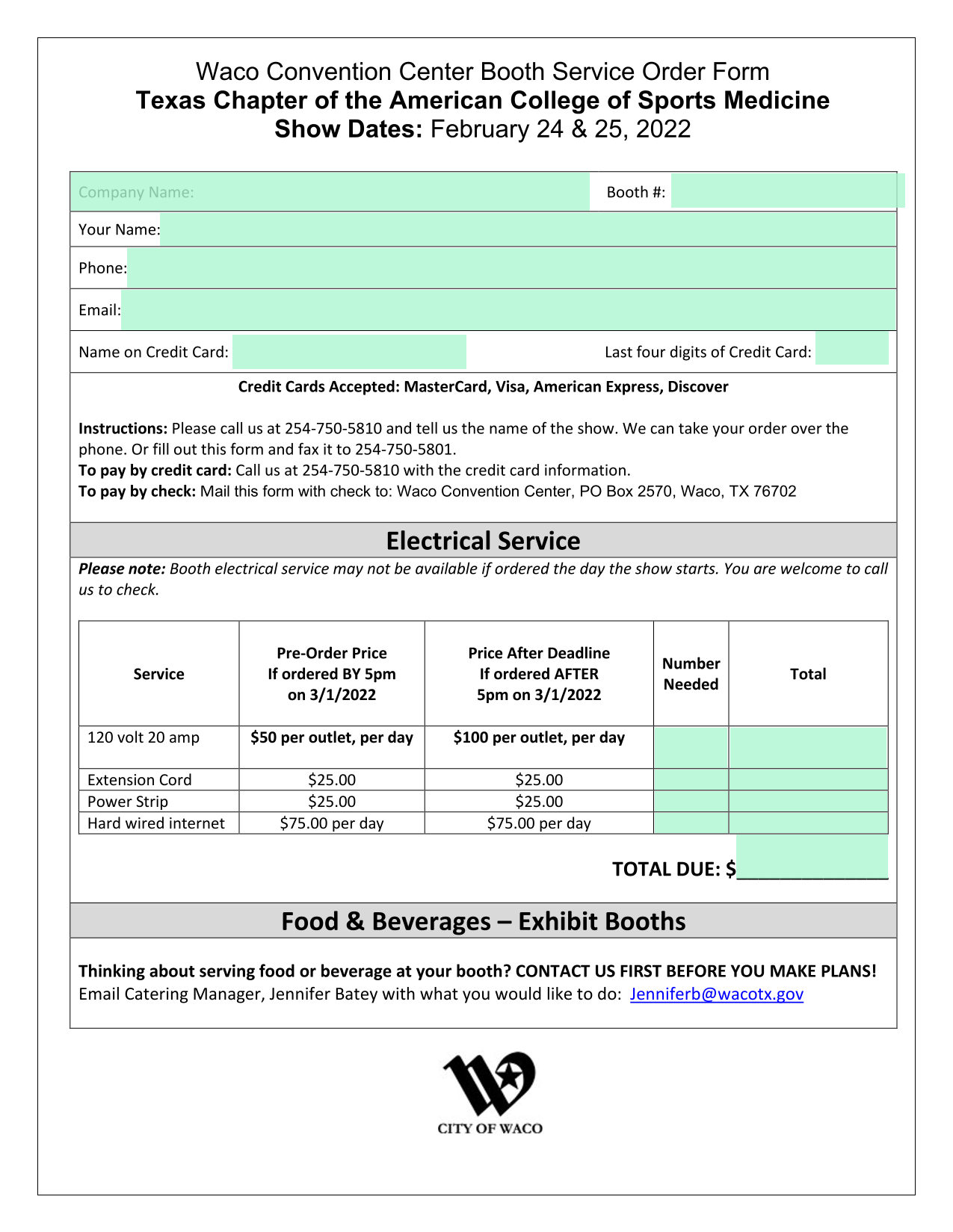 Waco Convention Center Booth Service Order Form screenshot