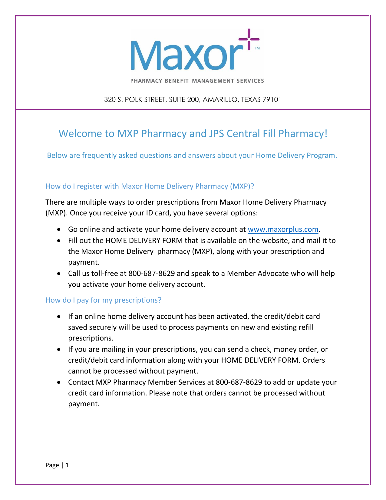 Maxor Home Delivery Pharmacy Home Delivery Program Guide screenshot