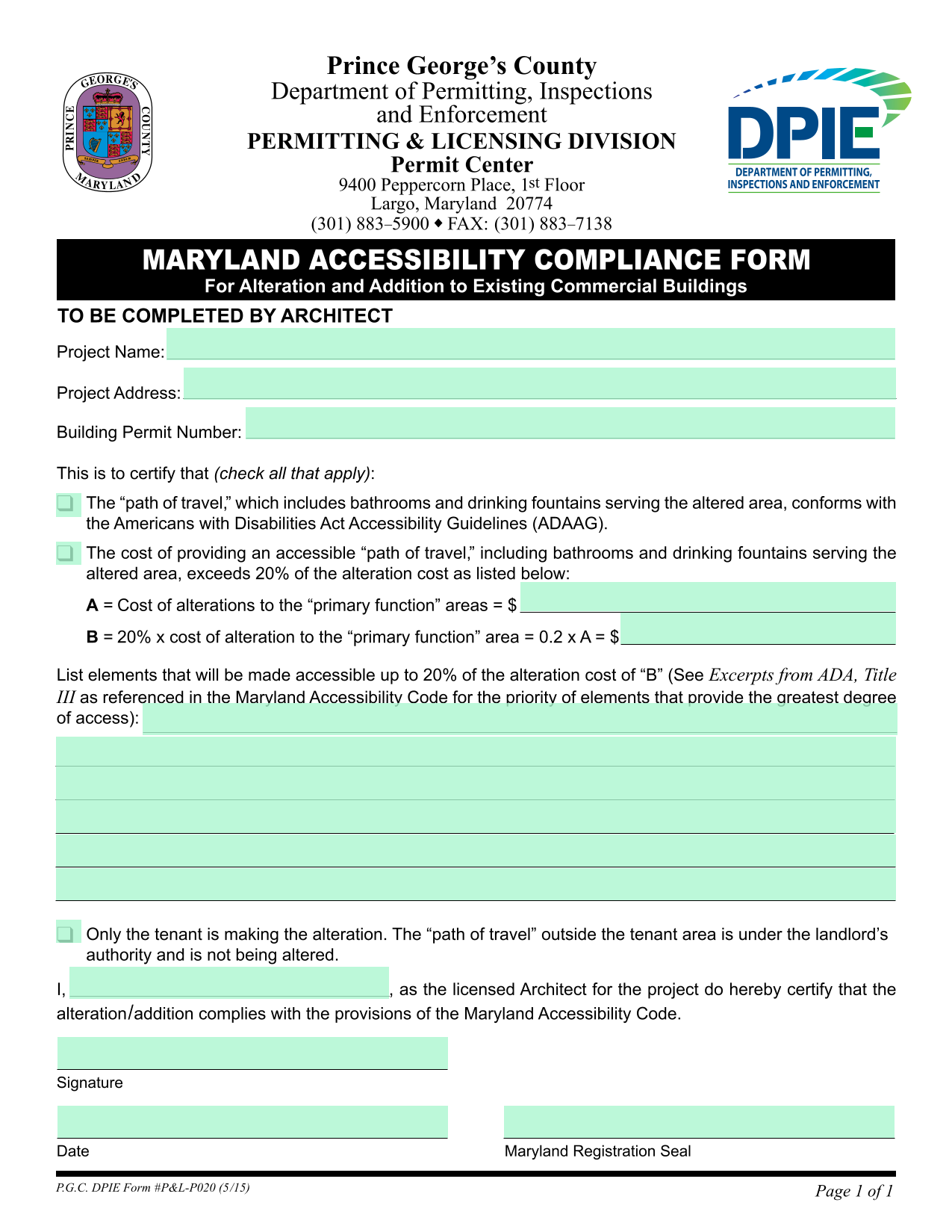 Maryland Accessibility Compliance Form screenshot