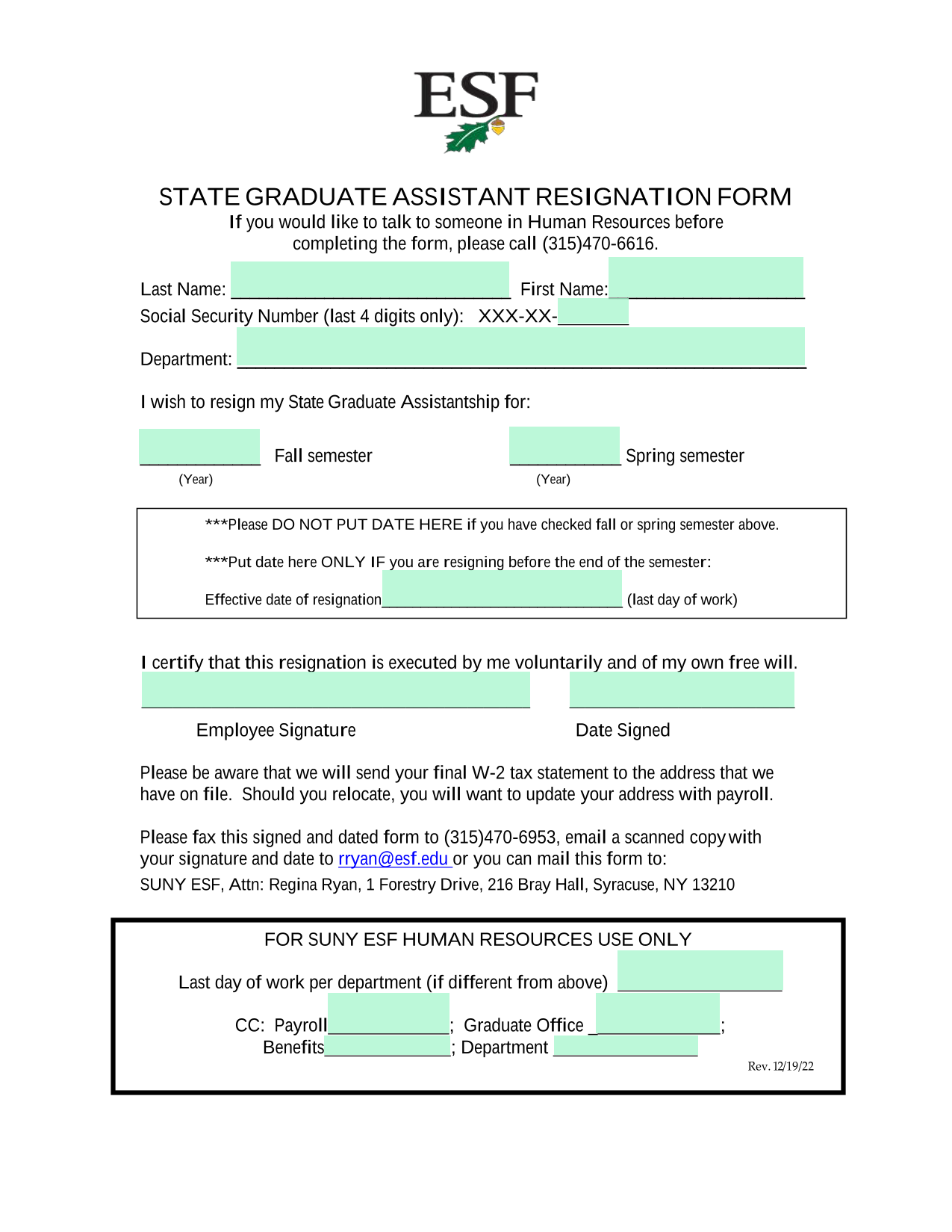 STATE GRADUATE ASSISTANT RESIGNATION FORM screenshot