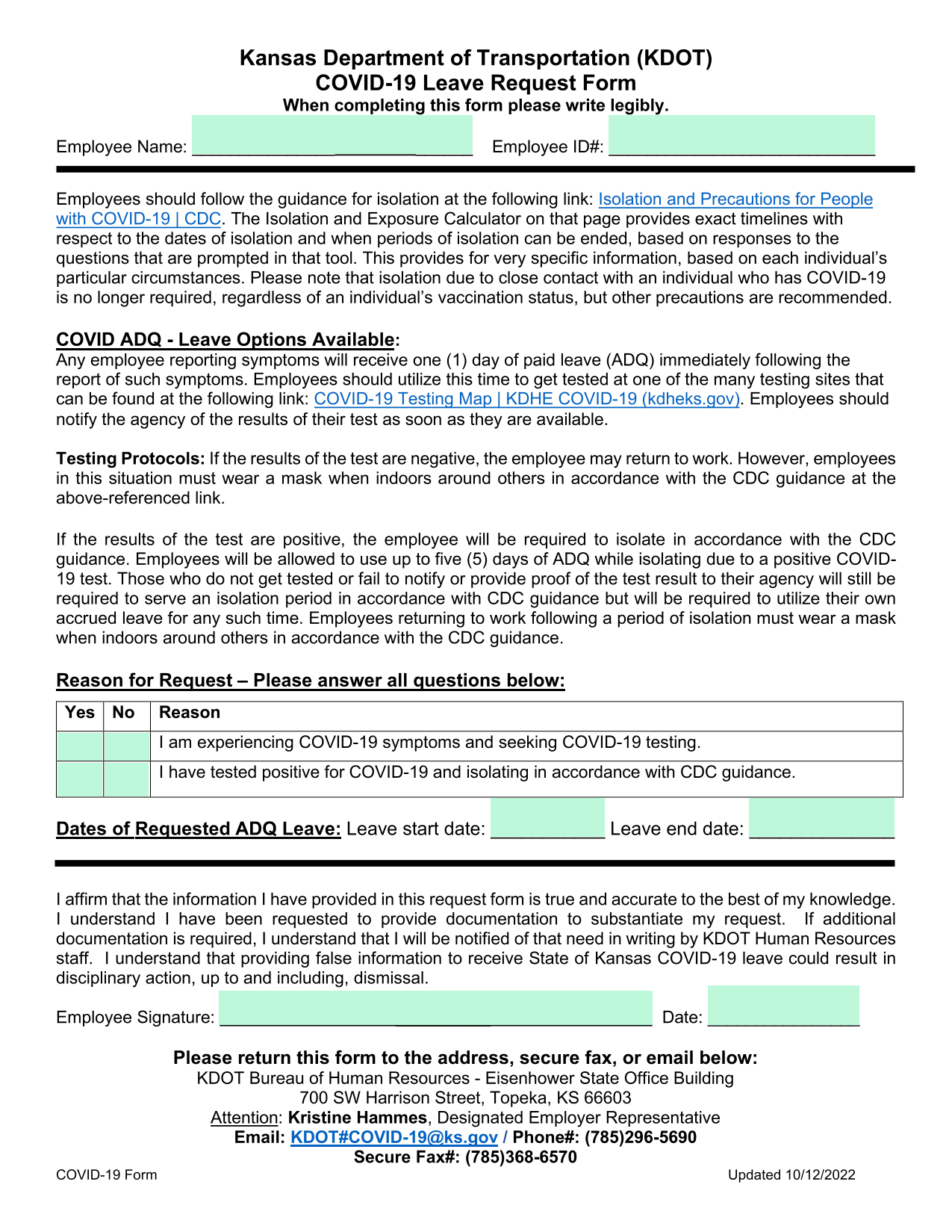 COVID 19 Leave Request Form screenshot