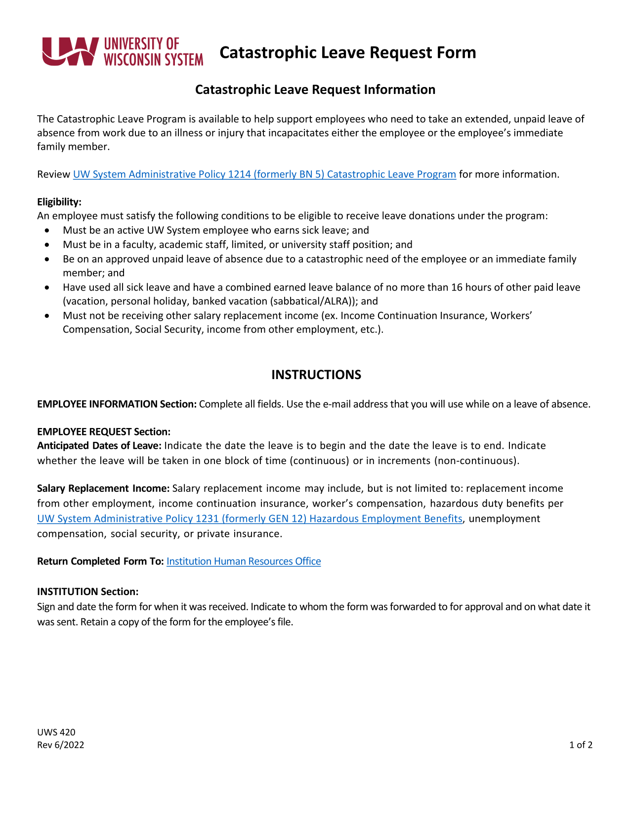 Catastrophic Leave Request Form screenshot