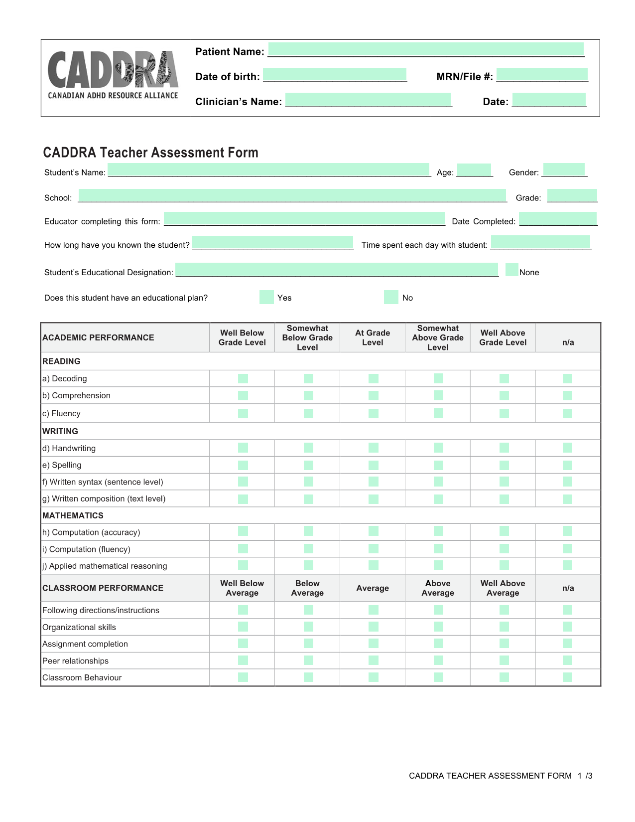 CADDRA Teacher Assessment Form screenshot