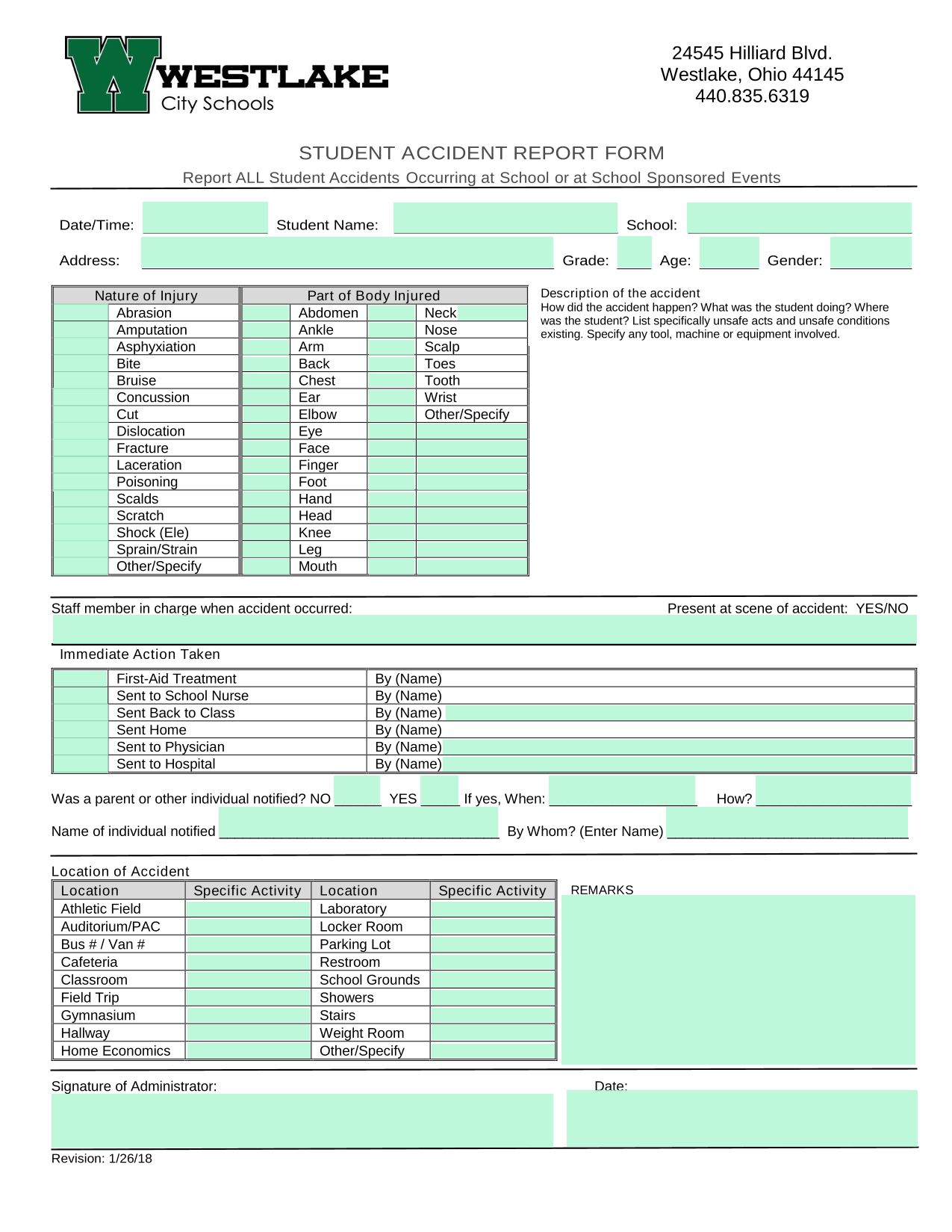 STUDENT ACCIDENT REPORT FORM screenshot