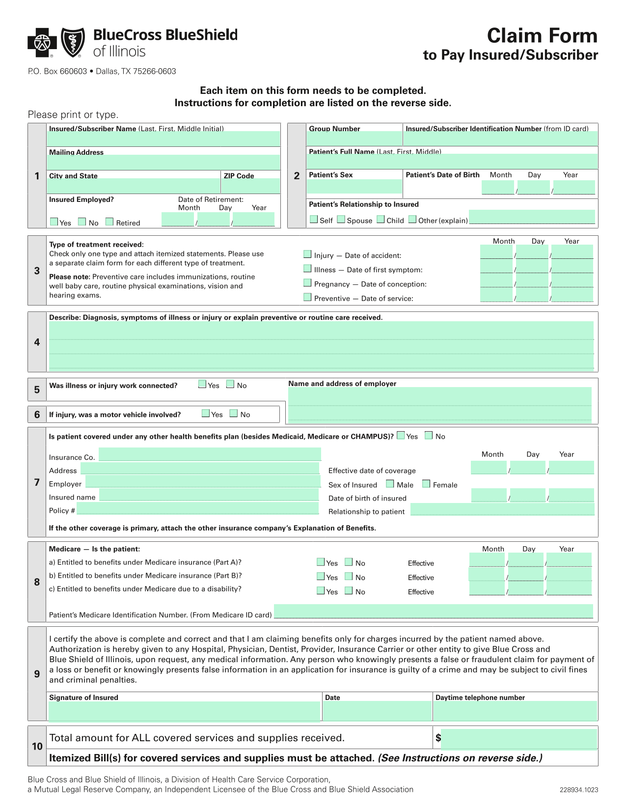 Claim Form To Pay InsuredSubscriber screenshot