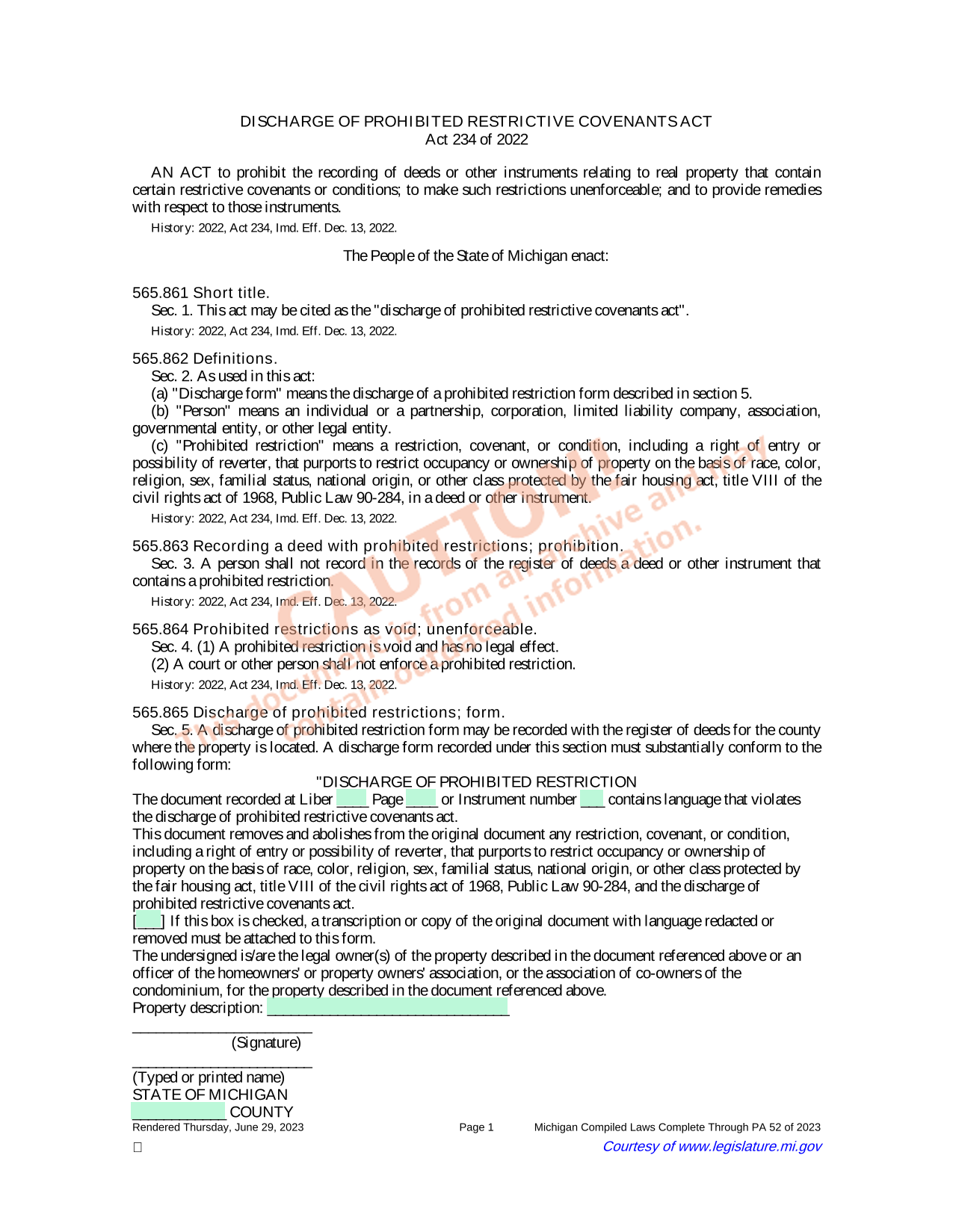 Discharge Of Prohibited Restrictive Covenants Act screenshot