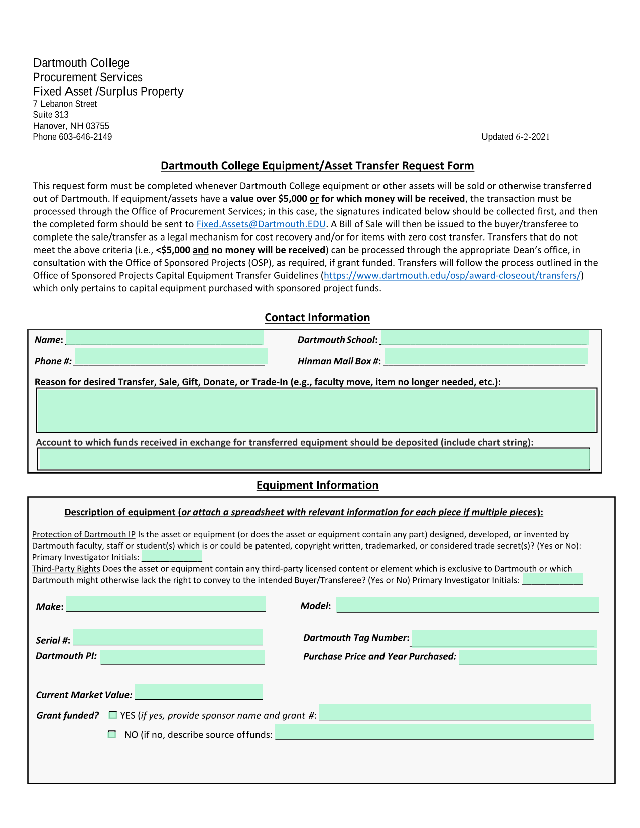 Dartmouth College EquipmentAsset Transfer Request Form screenshot