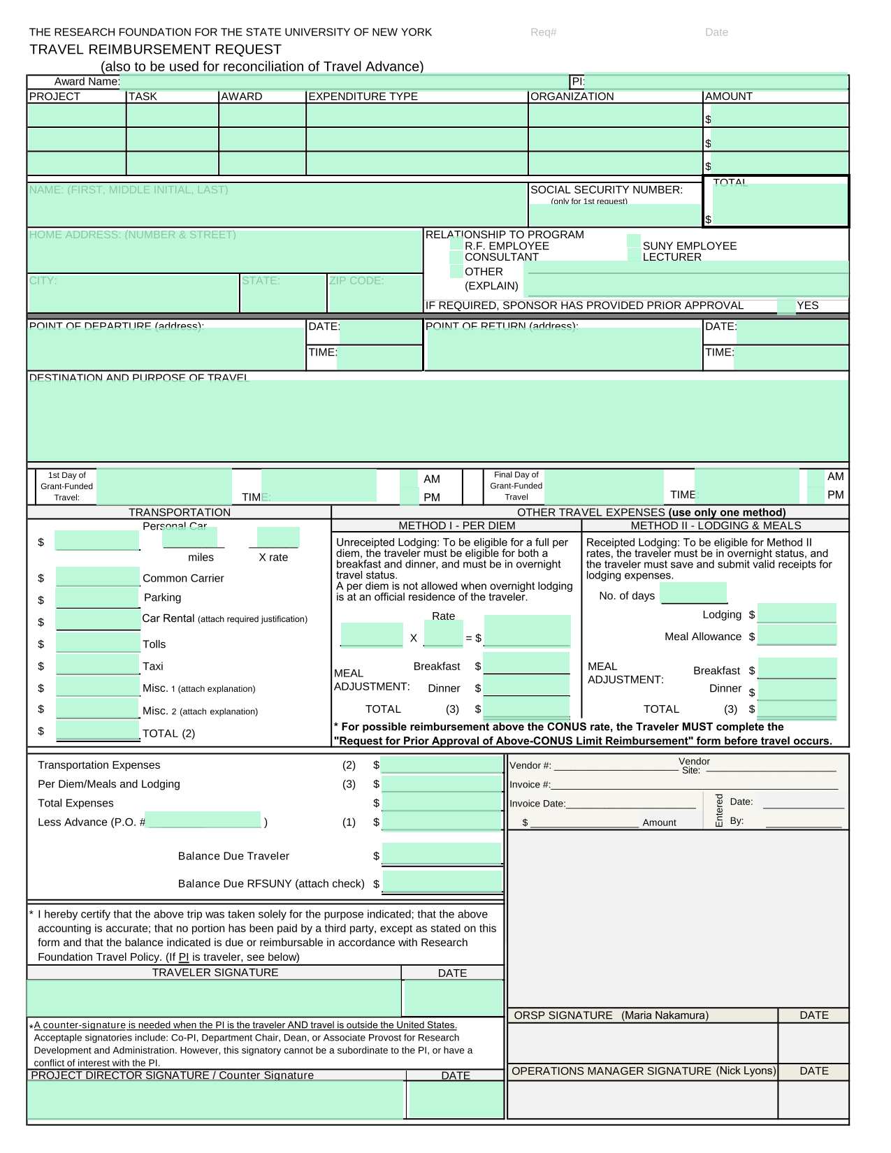 Travel Expense Reimbursement Form screenshot