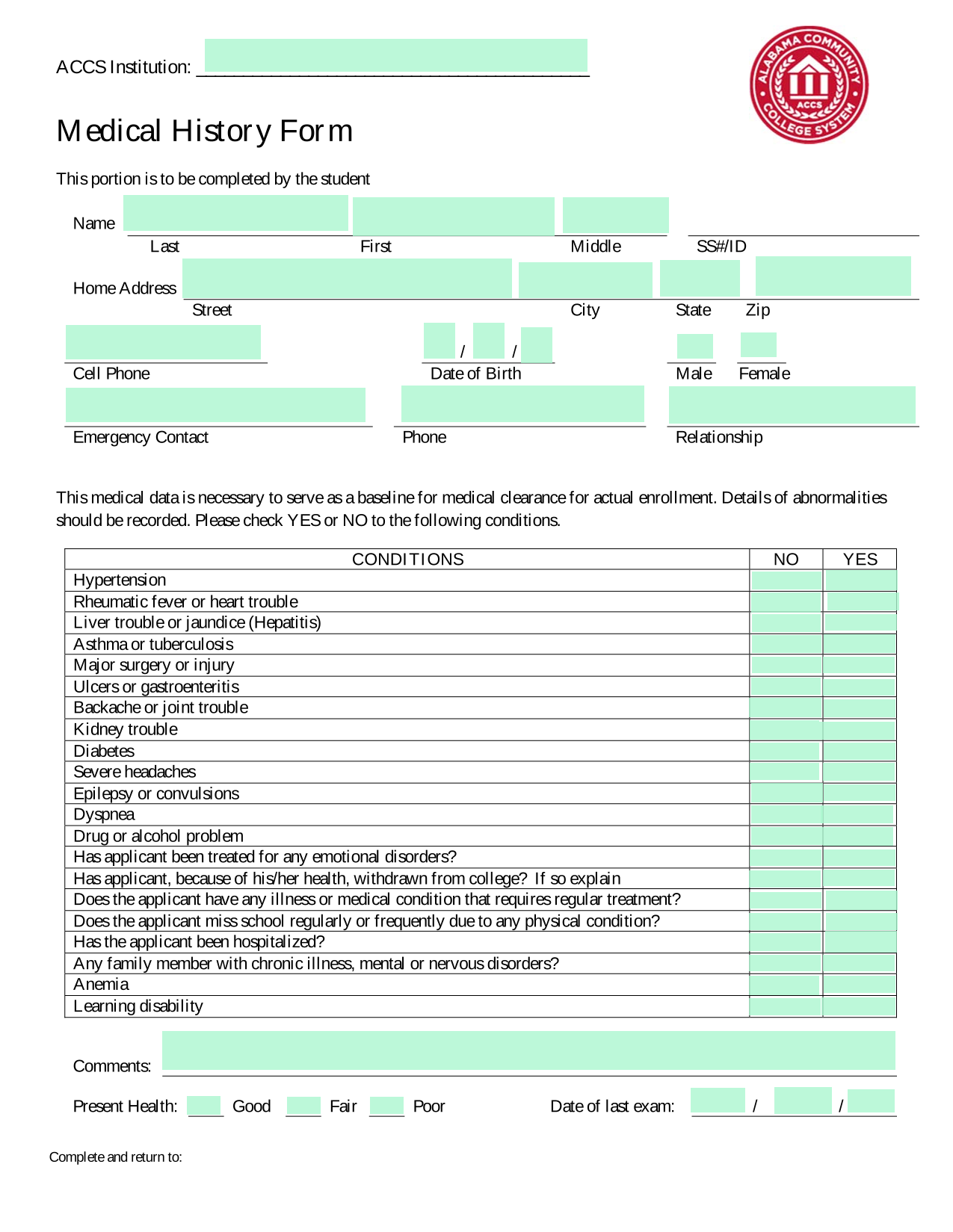 Medical History Form screenshot