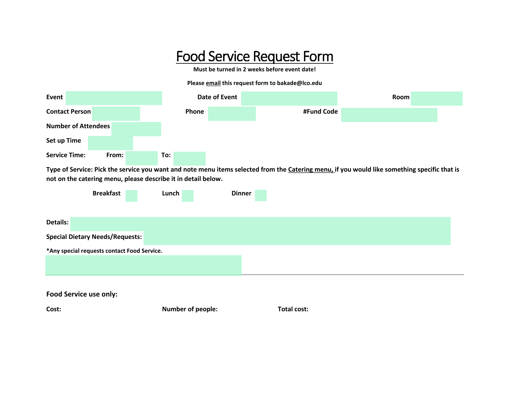 Food Service Request Form screenshot