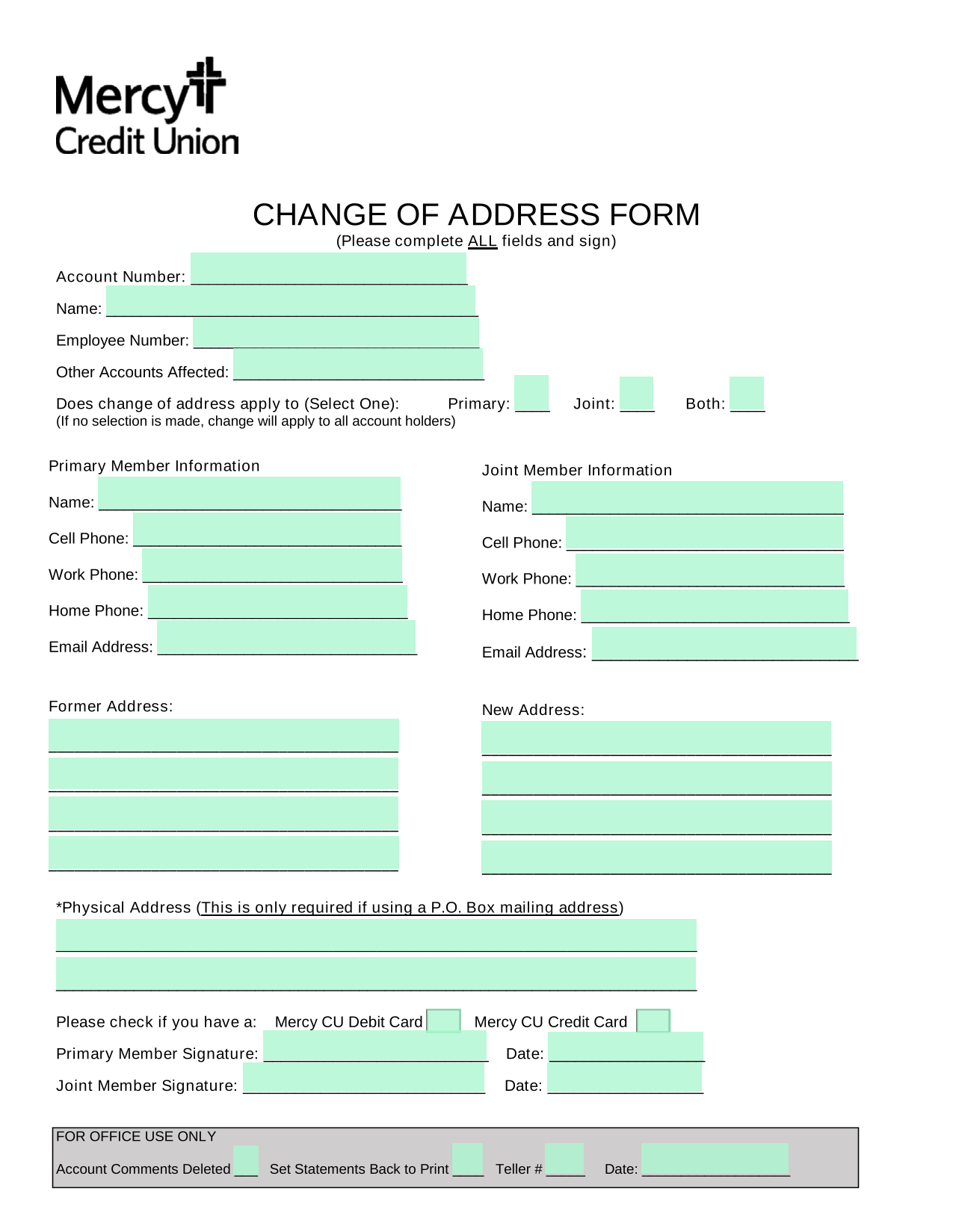 CHANGE OF ADDRESS FORM screenshot