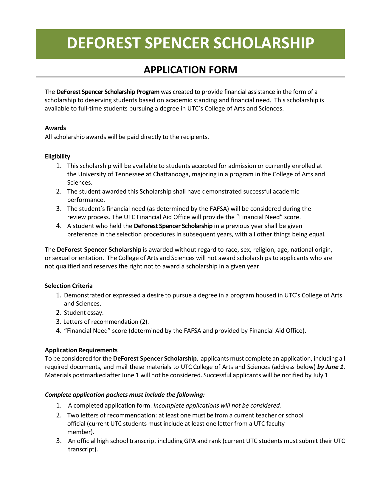 DEFOREST SPENCER SCHOLARSHIP APPLICATION FORM screenshot
