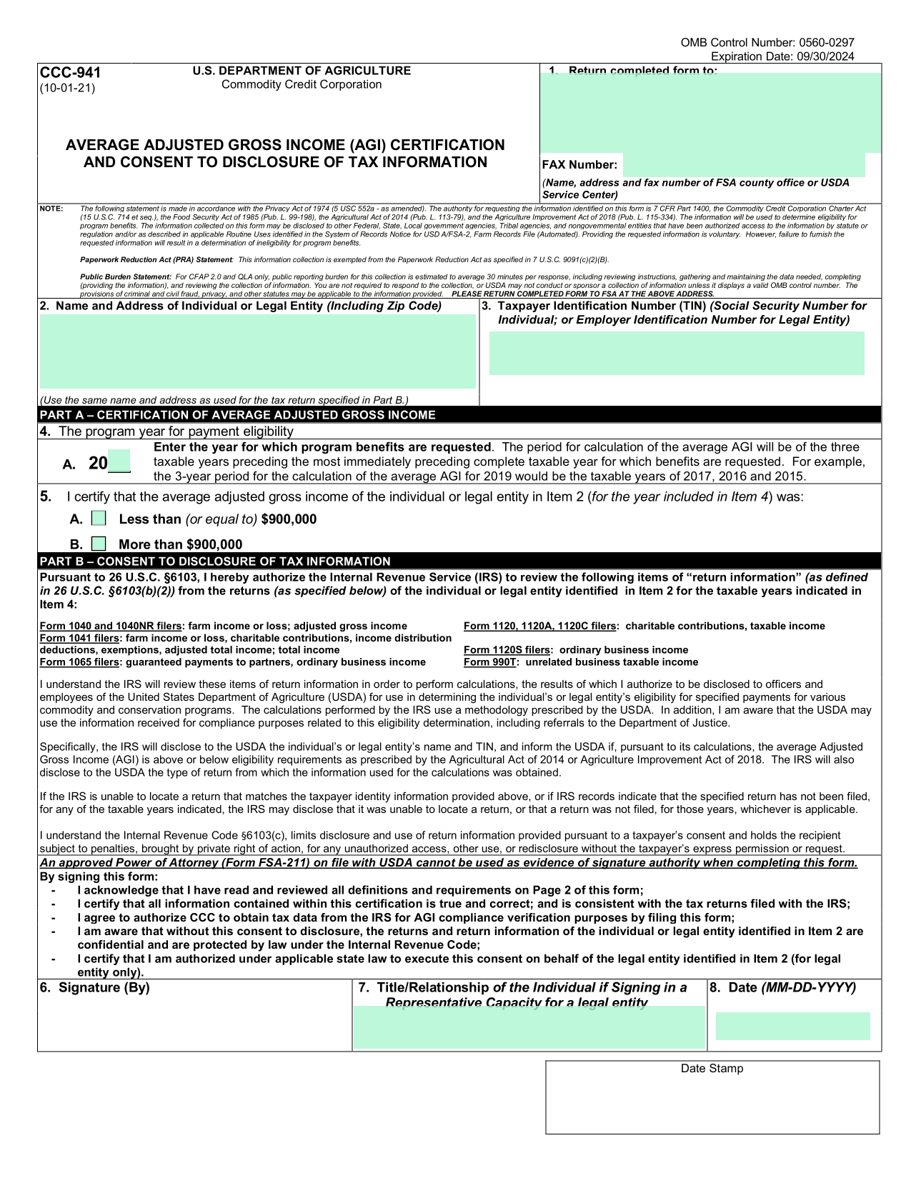 Average Adjusted Gross Income (AGI) Certification And Consent To Disclosure Of Tax Information screenshot