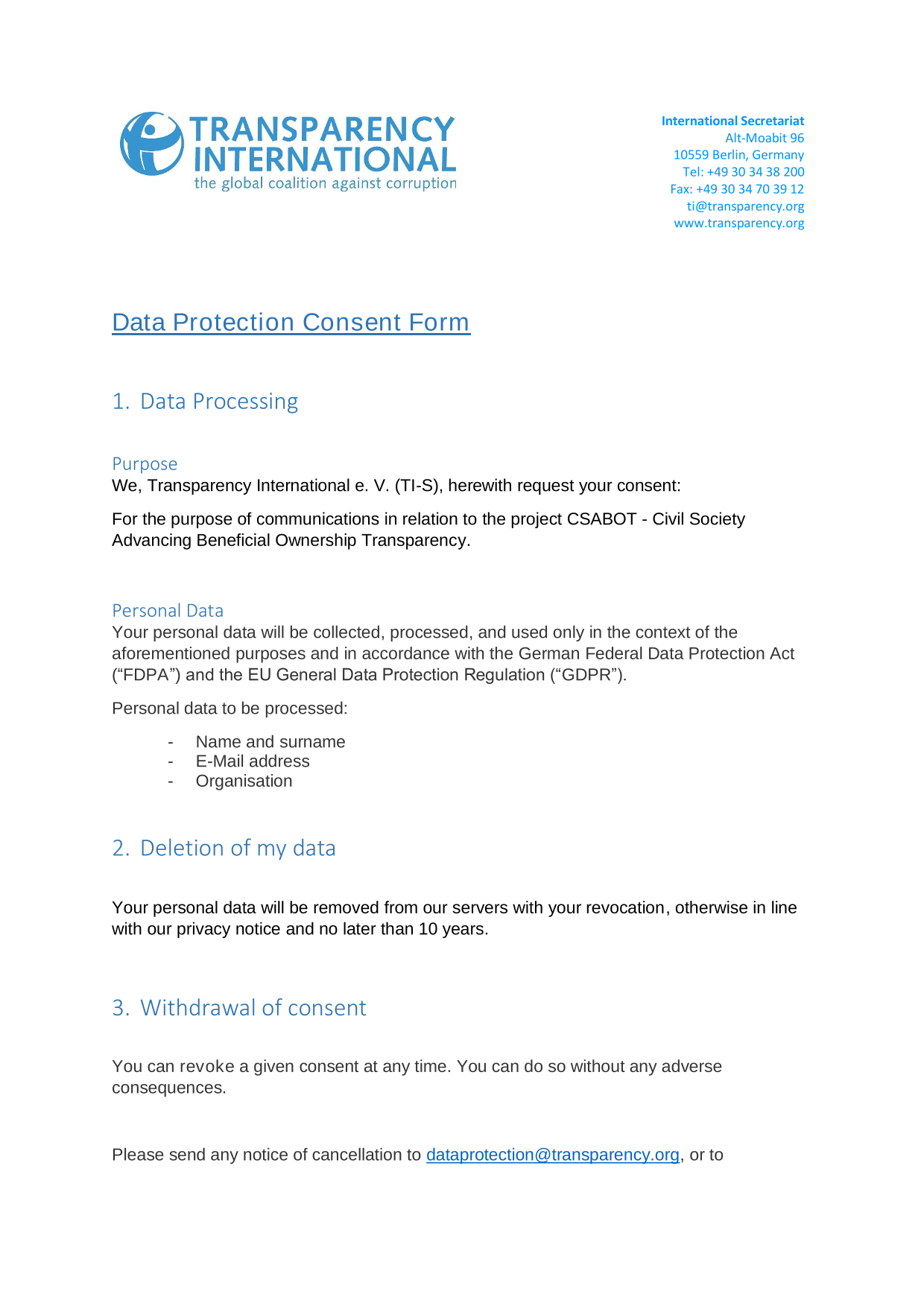 Data Protection Consent Form screenshot