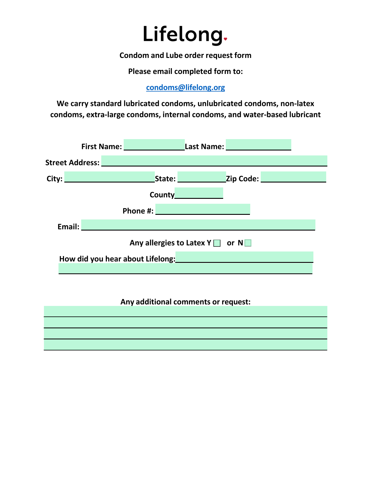 Condom And Lube Order Request Form screenshot