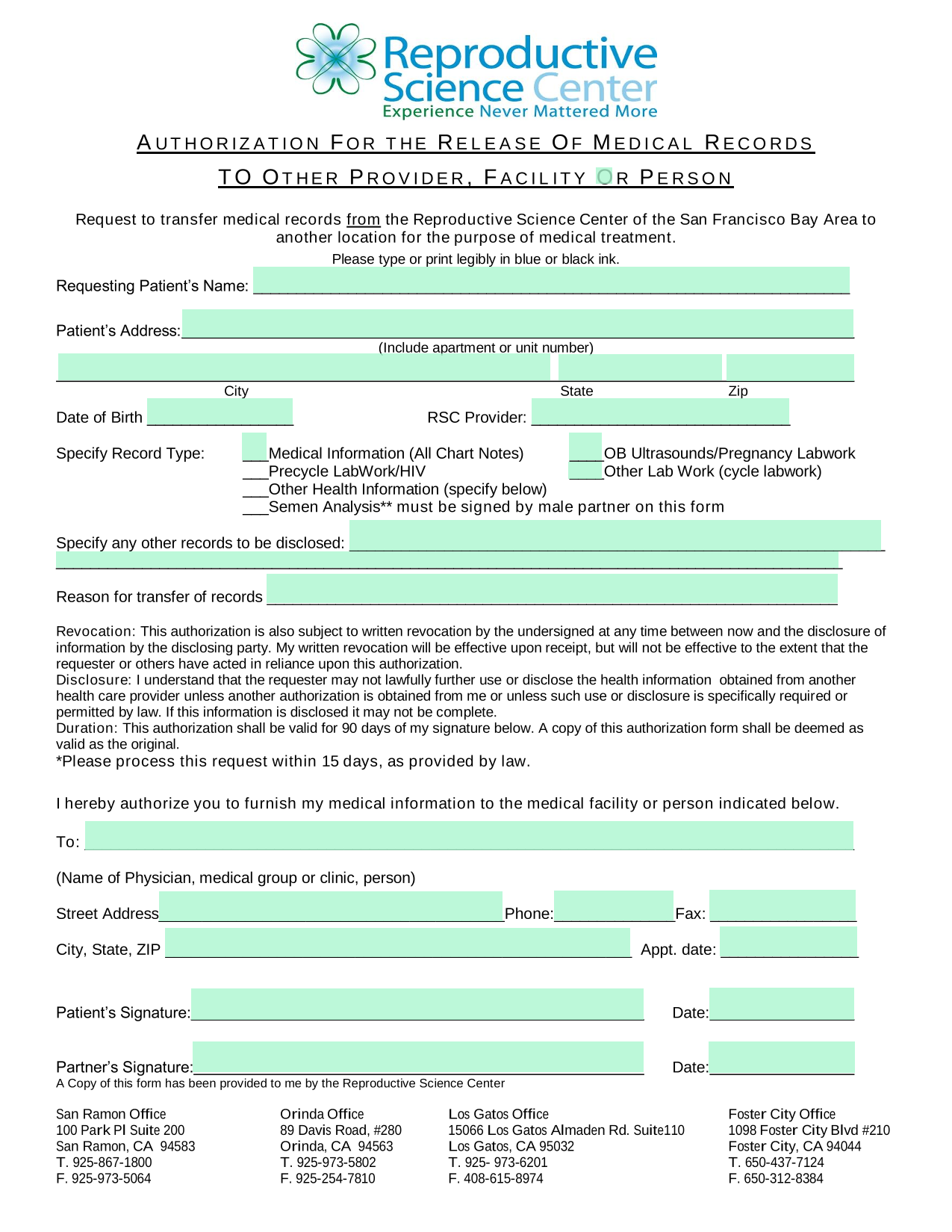 Authorization For The Release Of Medical Records screenshot
