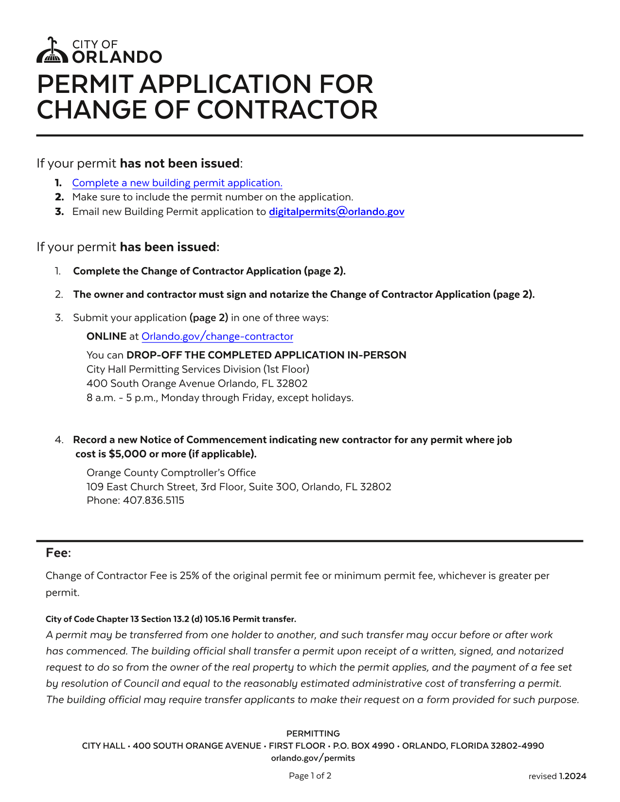 Permit Application For Change Of Contractor screenshot