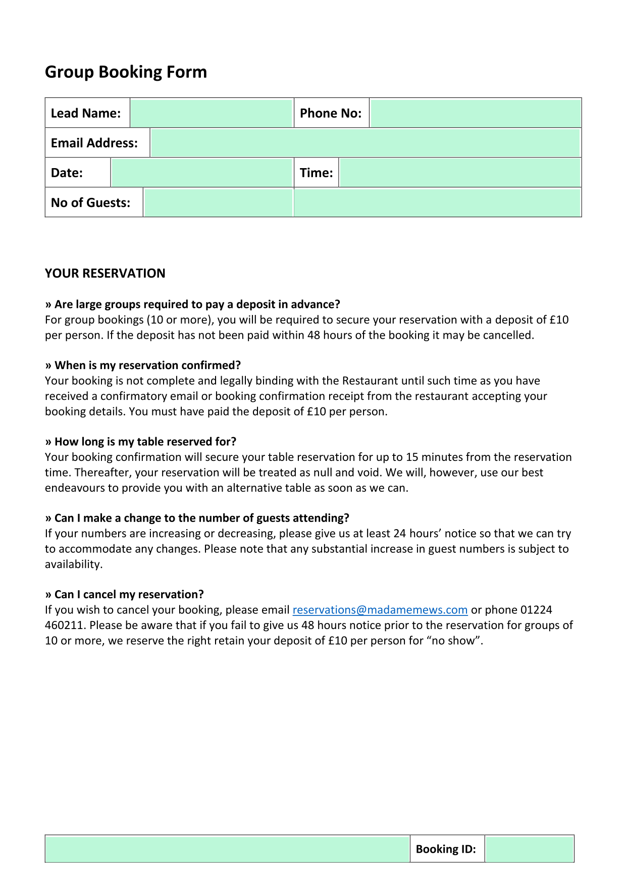 Group Booking Form screenshot