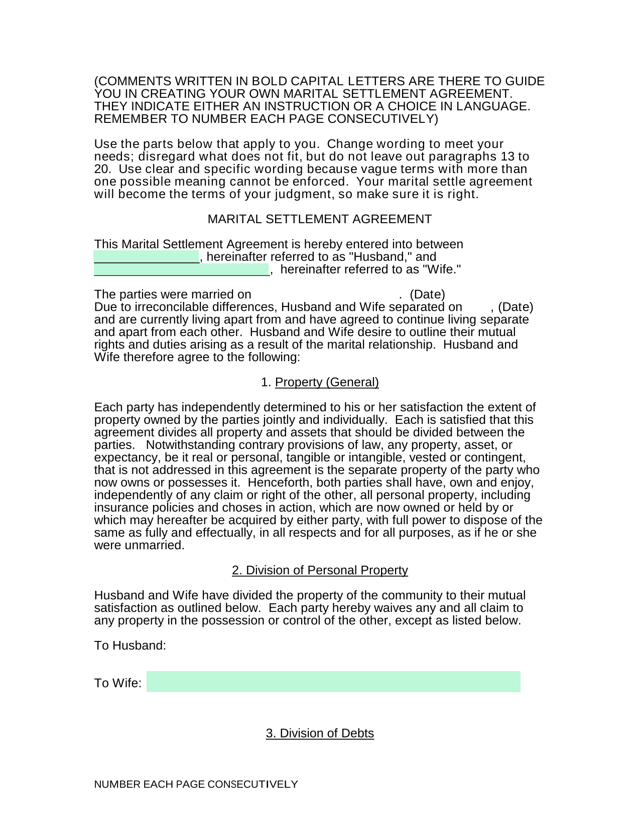 Marital Settlement Agreement screenshot
